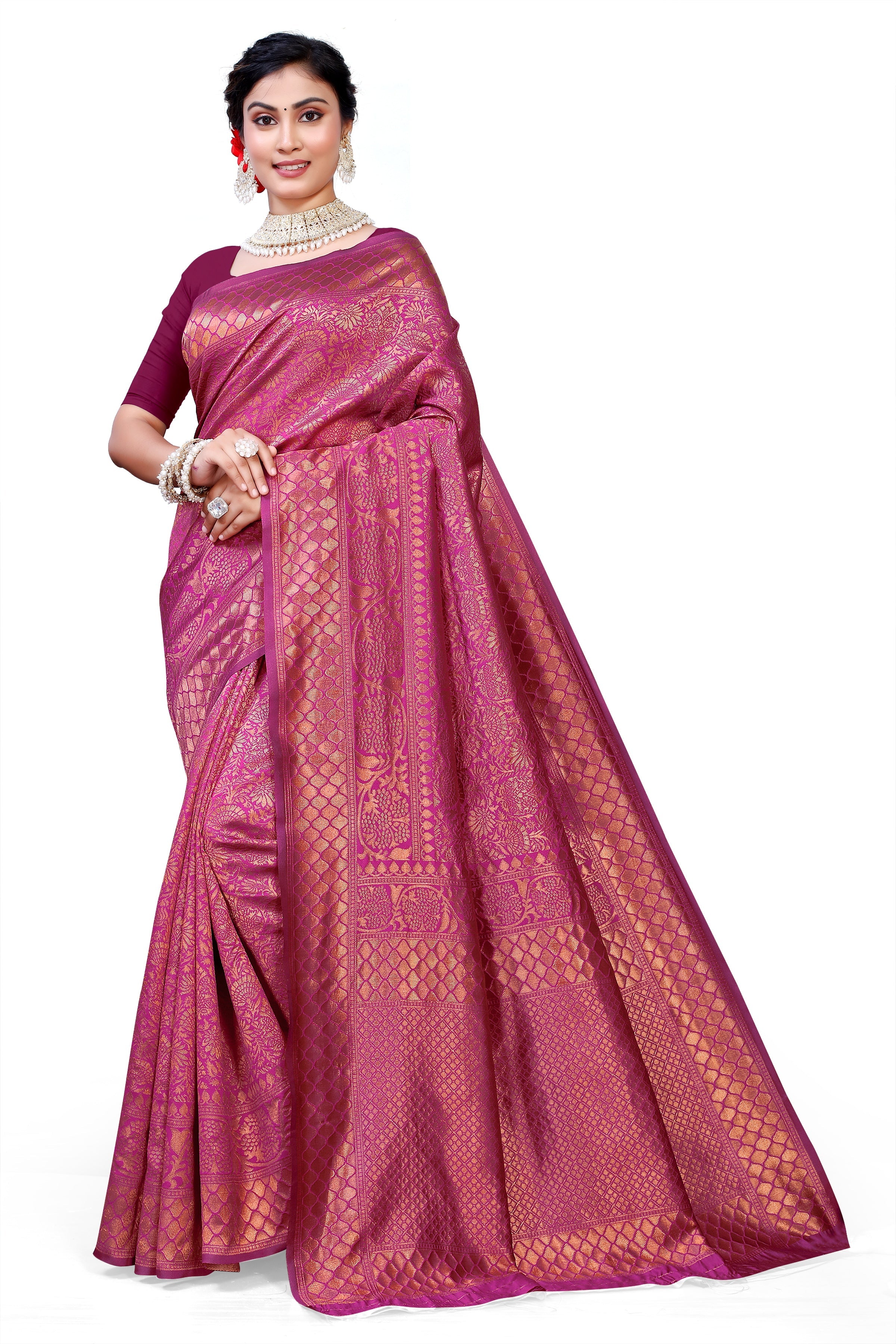 Owl Sky Kanjivaram Cotton Silk Saree for Women with Zari Border | Traditional Indian Saree with Unstitched Blouse Piece | Lightweight Festival Wear Saree | Elegant Soft Cotton Silk Saree Magenta