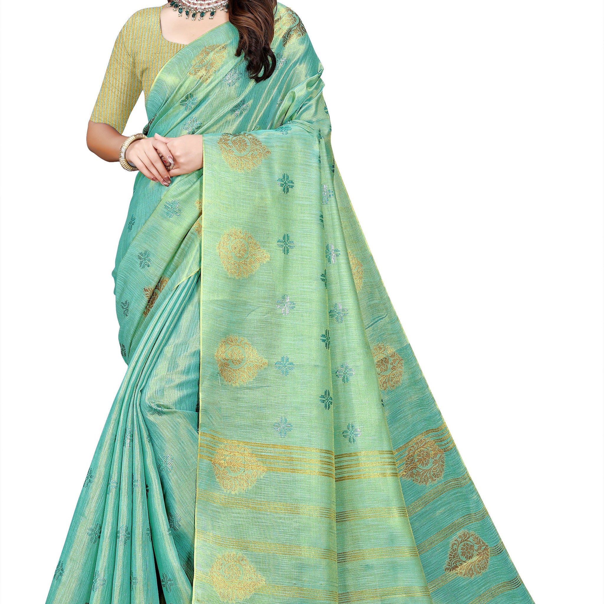 OWLSKY, SASSY & STYLO Women's Elegant Linen Weaving Saree with Unstitched Blouse Piece Aqua Blue