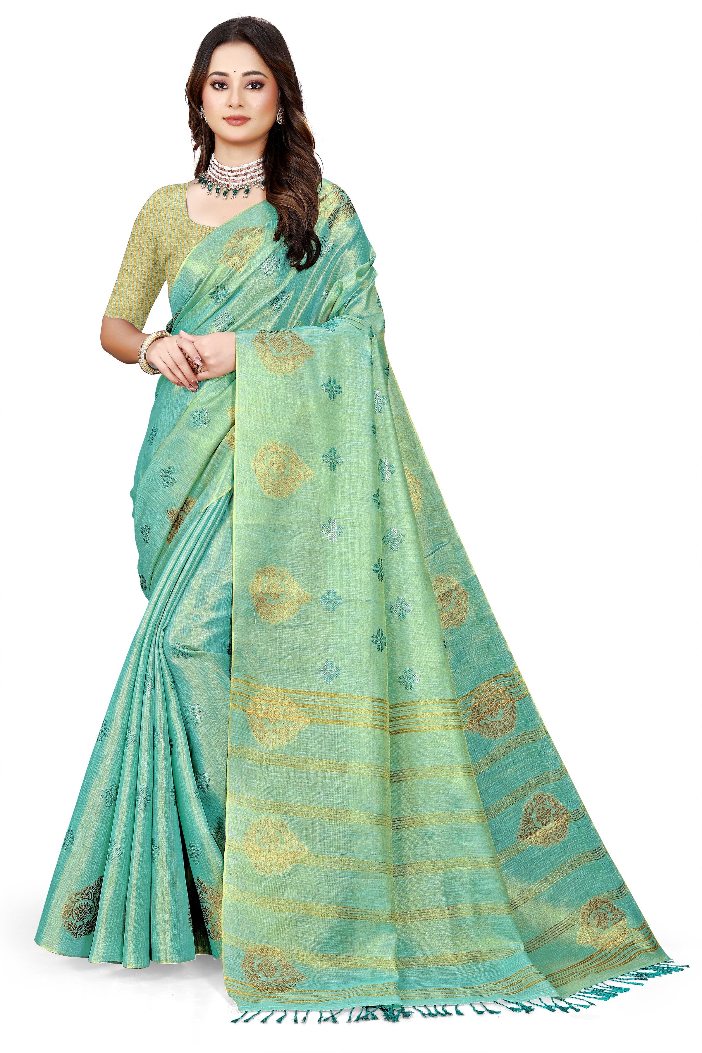 OWLSKY, SASSY & STYLO Women's Elegant Linen Weaving Saree with Unstitched Blouse Piece Aqua Blue