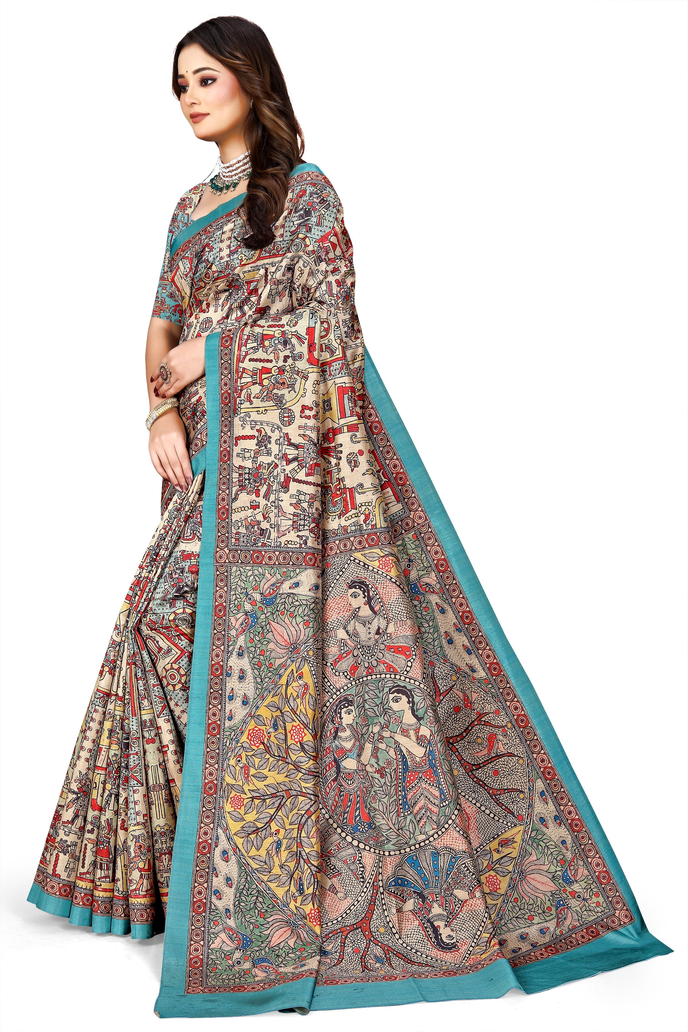 Madhubani Print Manipuri Silk Saree for Women | Indian Ethnic Party & Casual Wear | Unstitched Blouse Included Blue