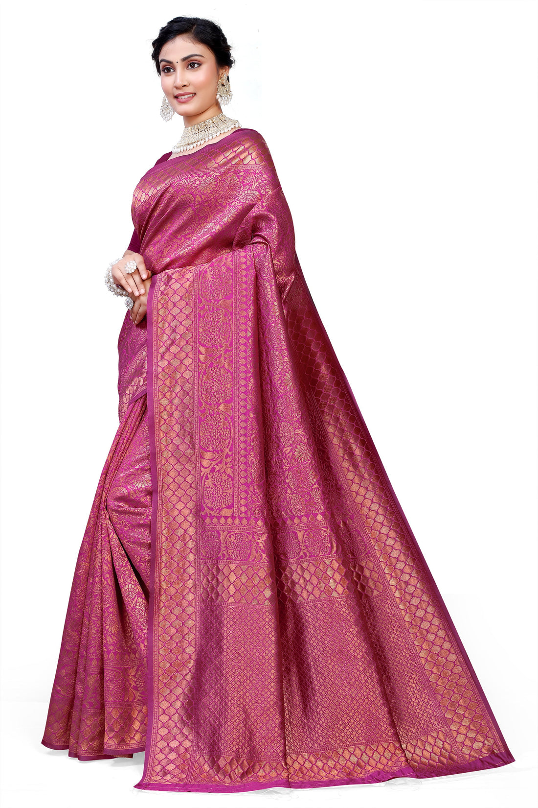 Owl Sky Kanjivaram Cotton Silk Saree for Women with Zari Border | Traditional Indian Saree with Unstitched Blouse Piece | Lightweight Festival Wear Saree | Elegant Soft Cotton Silk Saree Magenta