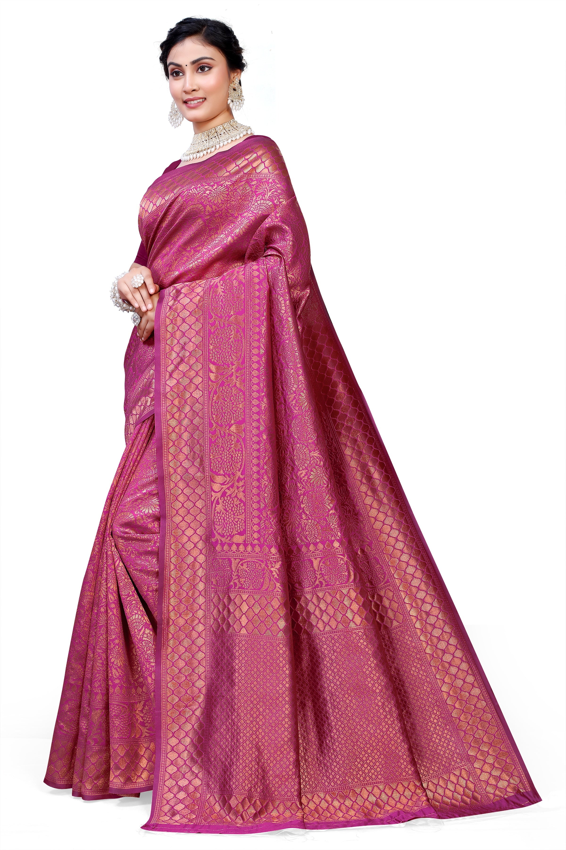 Owl Sky Kanjivaram Cotton Silk Saree for Women with Zari Border | Traditional Indian Saree with Unstitched Blouse Piece | Lightweight Festival Wear Saree | Elegant Soft Cotton Silk Saree Magenta