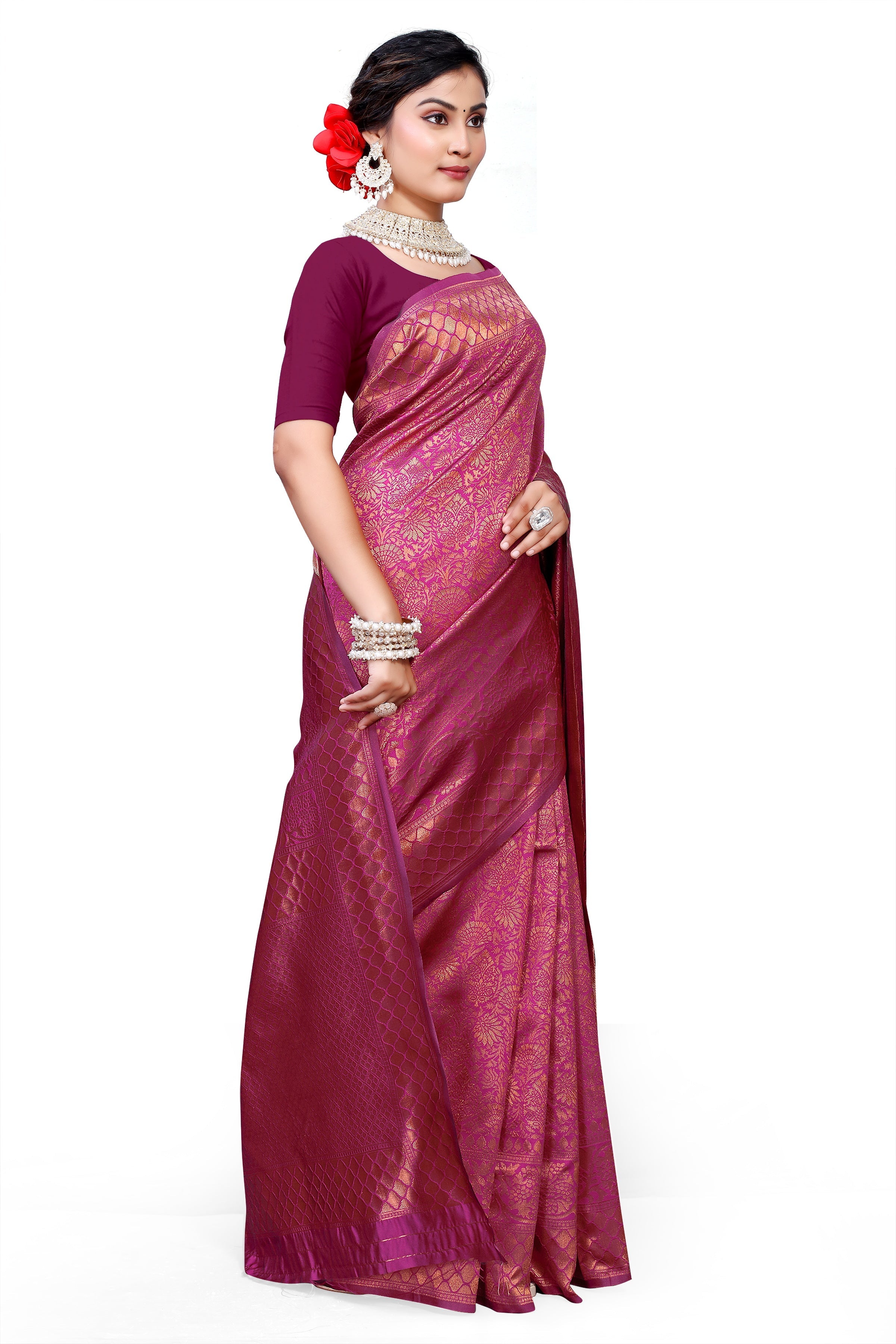 Owl Sky Kanjivaram Cotton Silk Saree for Women with Zari Border | Traditional Indian Saree with Unstitched Blouse Piece | Lightweight Festival Wear Saree | Elegant Soft Cotton Silk Saree Magenta