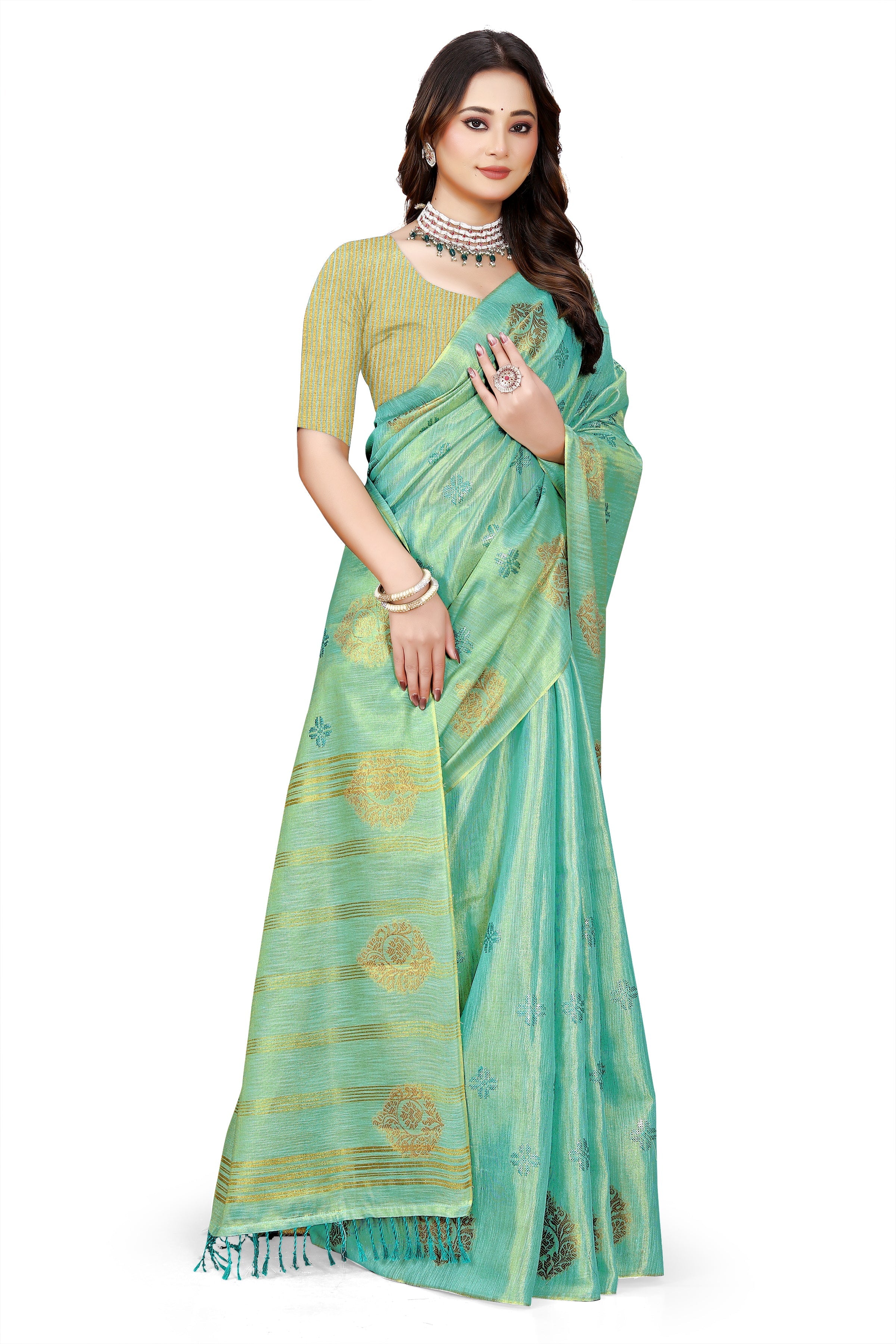 OWLSKY, SASSY & STYLO Women's Elegant Linen Weaving Saree with Unstitched Blouse Piece Aqua Blue