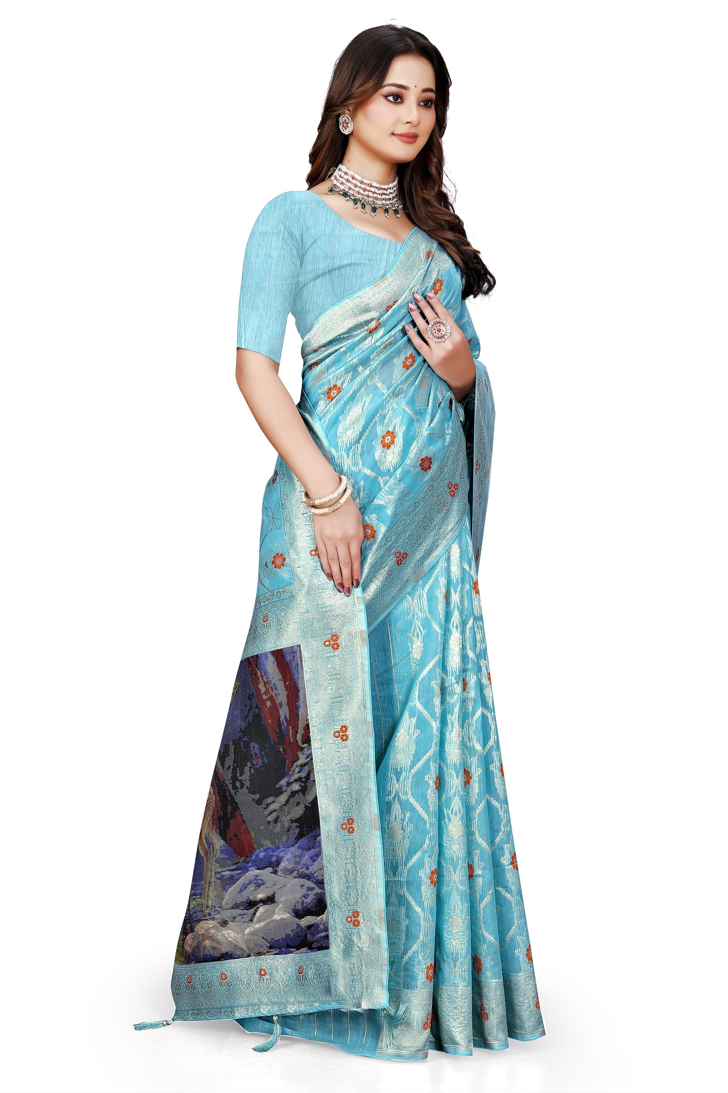 OWLSKY, SASSY & STYLO Jacquard Saree for Women | Elegant Weaving Work | Jacquard Silk Saree with Unstitched Blouse for Women | Unique Digital Pallu Art Yellow Sea Blue