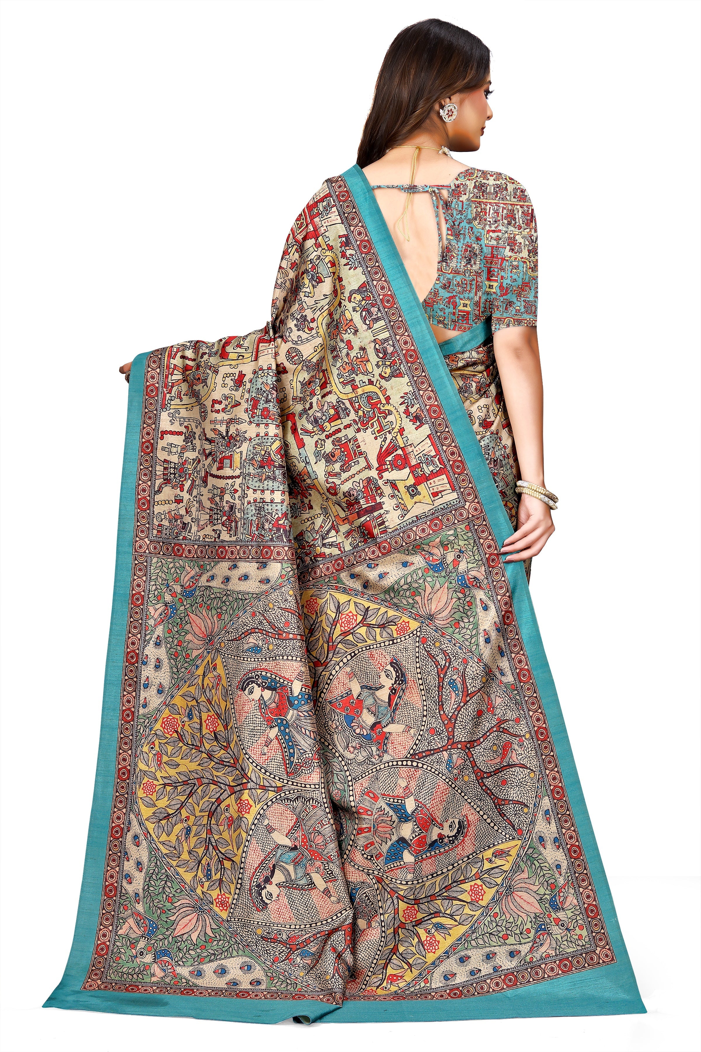 Madhubani Print Manipuri Silk Saree for Women | Indian Ethnic Party & Casual Wear | Unstitched Blouse Included Blue