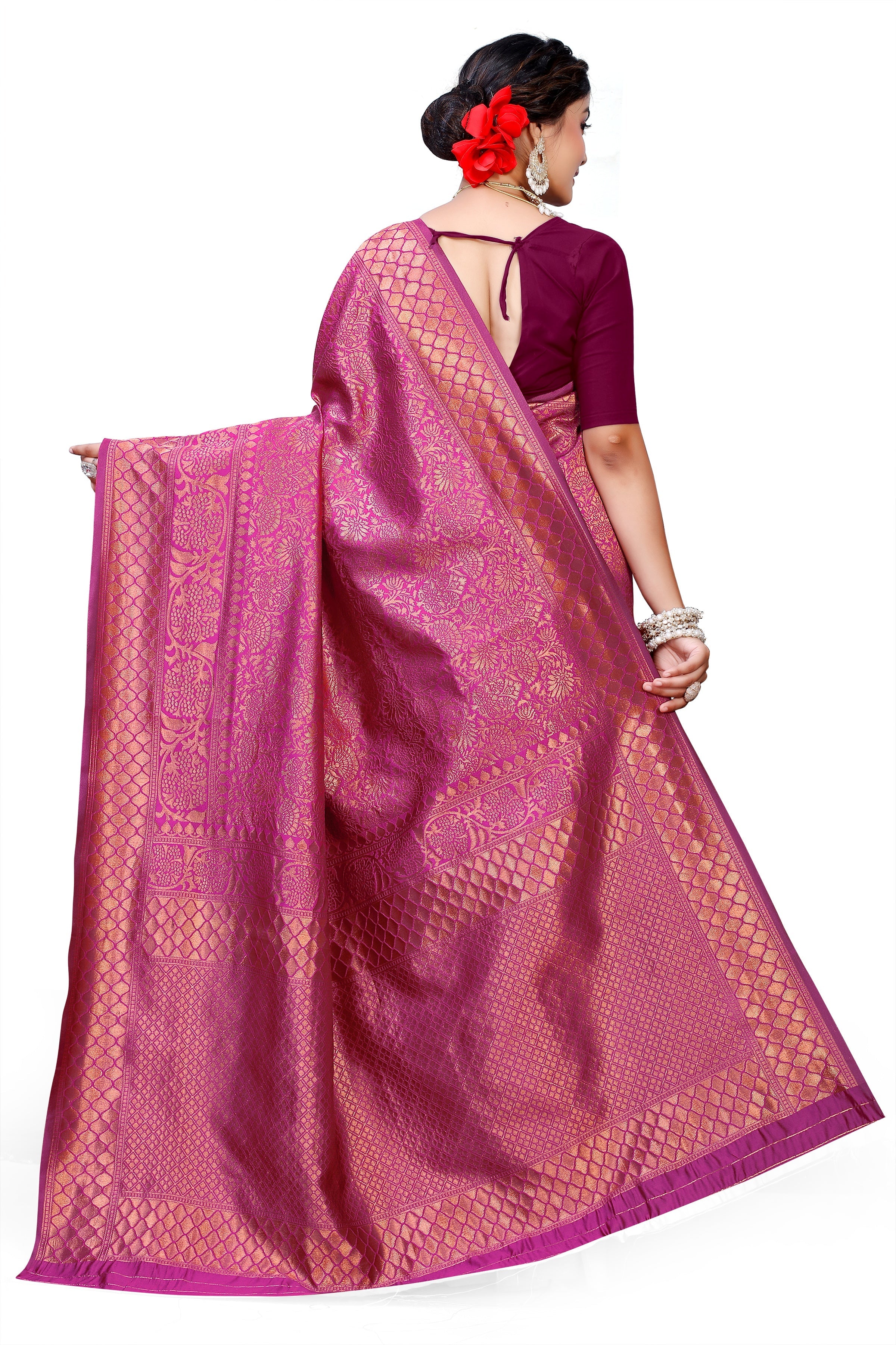 Owl Sky Kanjivaram Cotton Silk Saree for Women with Zari Border | Traditional Indian Saree with Unstitched Blouse Piece | Lightweight Festival Wear Saree | Elegant Soft Cotton Silk Saree Magenta