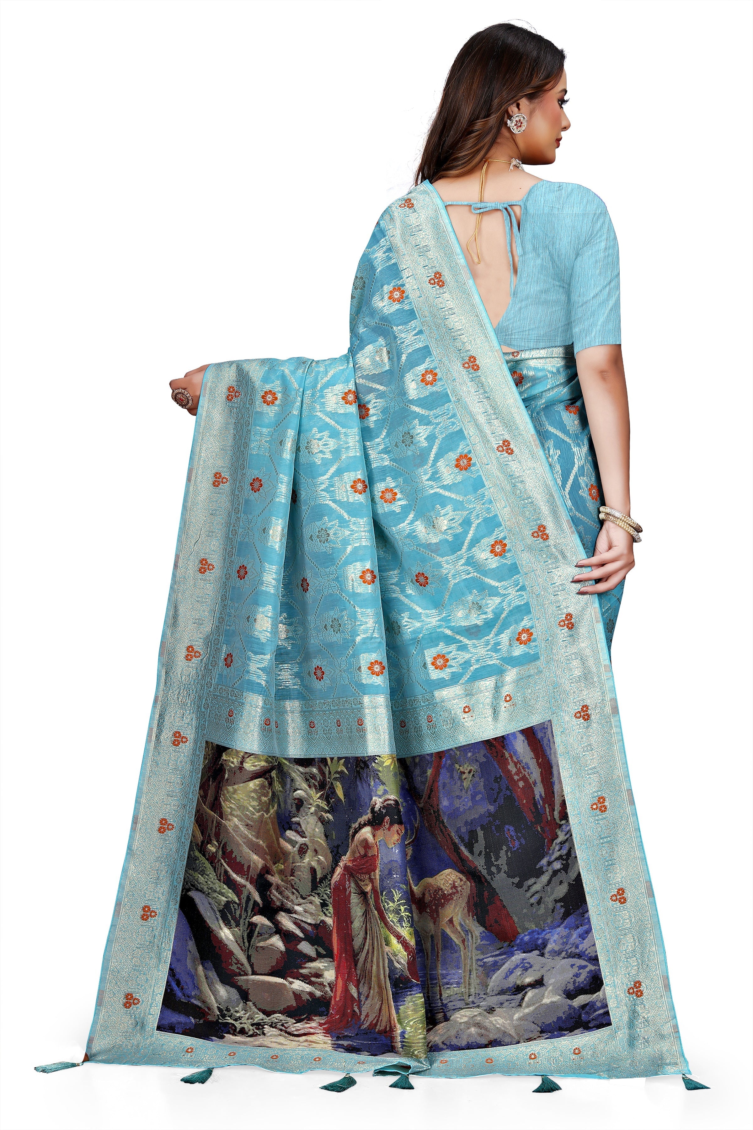 OWLSKY, SASSY & STYLO Jacquard Saree for Women | Elegant Weaving Work | Jacquard Silk Saree with Unstitched Blouse for Women | Unique Digital Pallu Art Yellow Sea Blue