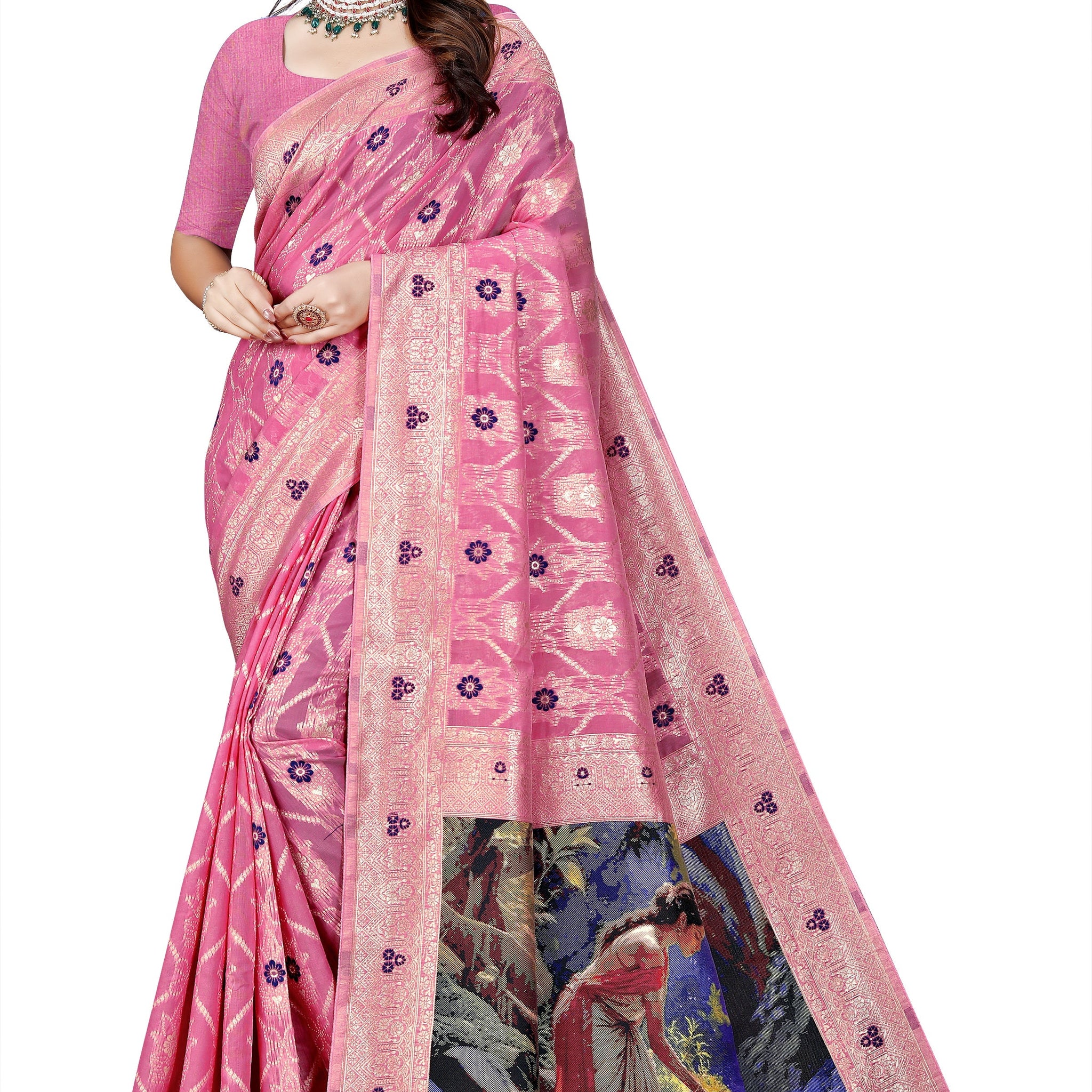 OWLSKY, SASSY & STYLO Jacquard Saree for Women | Elegant Weaving Work | Jacquard Silk Saree with Unstitched Blouse for Women | Unique Digital Pallu Art Rani Pink