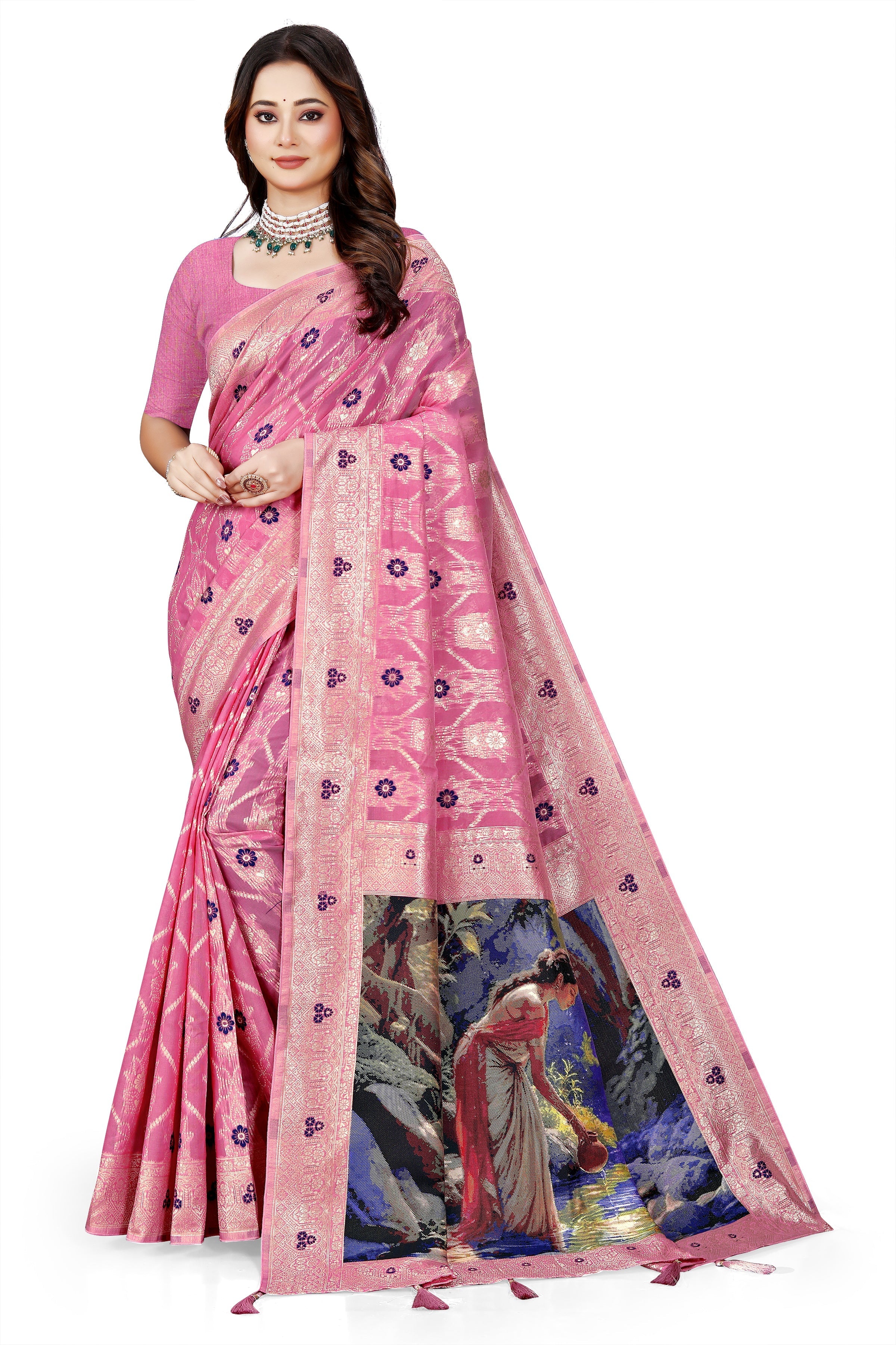 OWLSKY, SASSY & STYLO Jacquard Saree for Women | Elegant Weaving Work | Jacquard Silk Saree with Unstitched Blouse for Women | Unique Digital Pallu Art Rani Pink