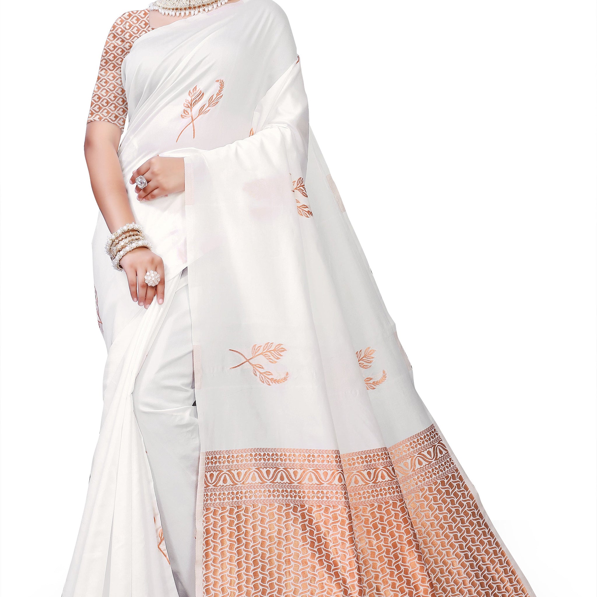 Owlsky Women's Kanjivaram Silk Saree Soft Banarasi Style with Golden & Silver Zari Border | Elegant Silk Look Saree with Unstitched Blouse Piece White