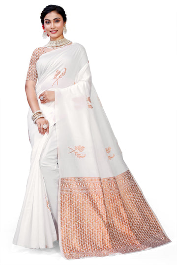 Owlsky Women's Kanjivaram Silk Saree Soft Banarasi Style with Golden & Silver Zari Border | Elegant Silk Look Saree with Unstitched Blouse Piece White