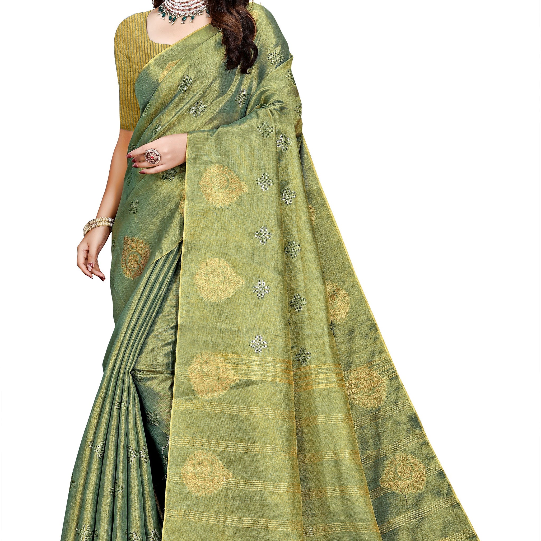 OWLSKY, SASSY & STYLO Women's Elegant Linen Weaving Saree with Unstitched Blouse Piece Olive Green