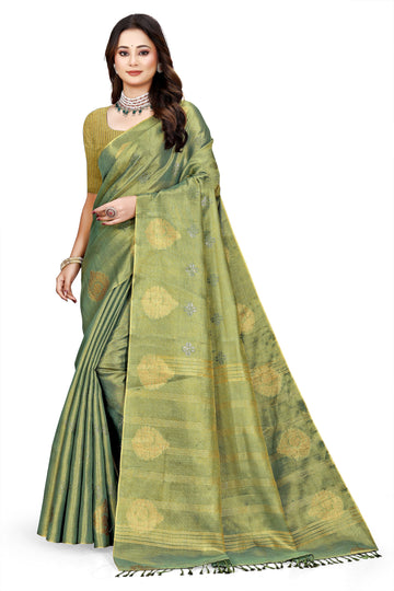 OWLSKY, SASSY & STYLO Women's Elegant Linen Weaving Saree with Unstitched Blouse Piece Olive Green
