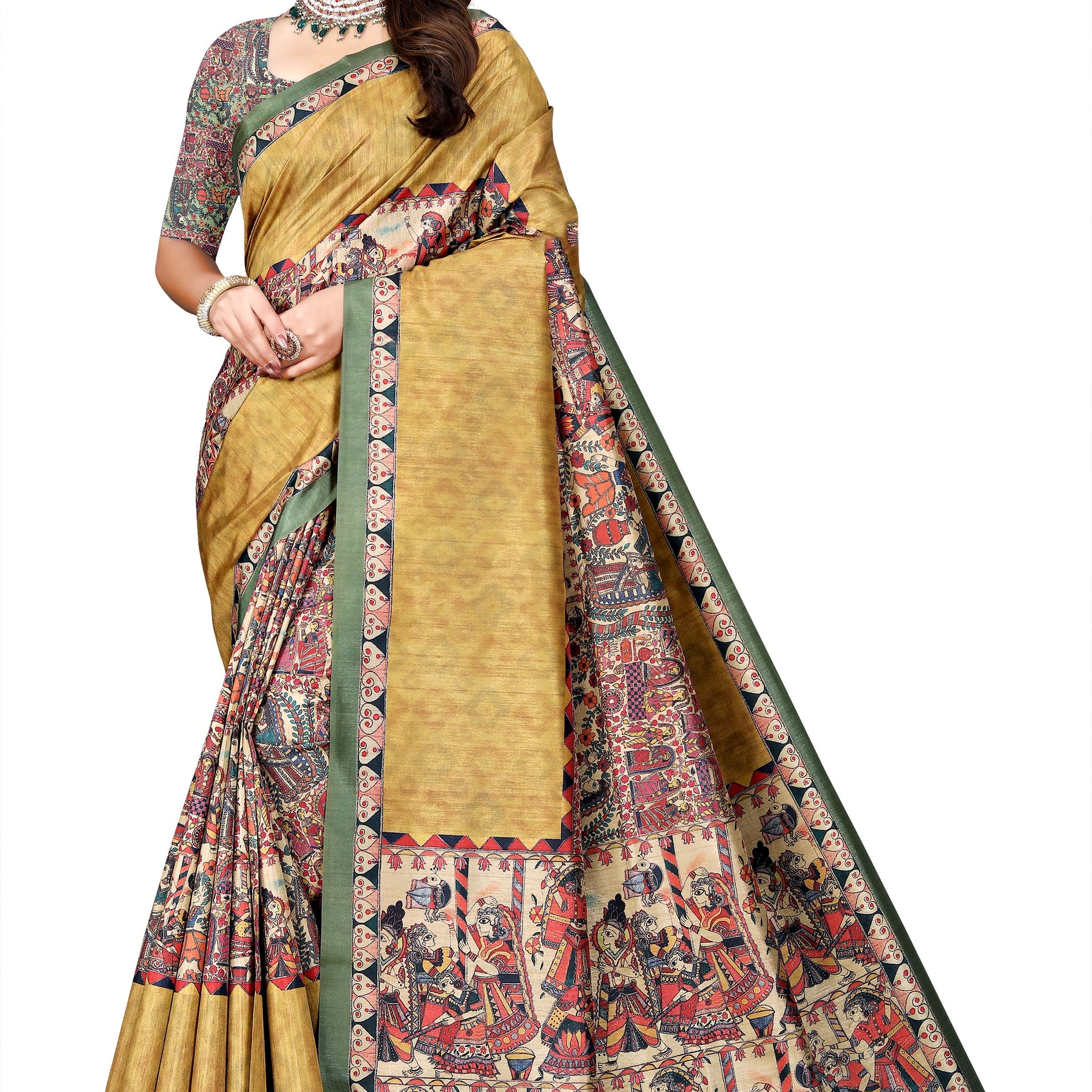 Madhubani Print Manipuri Silk Saree for Women | Indian Ethnic Party & Casual Wear | Unstitched Blouse Included Gold