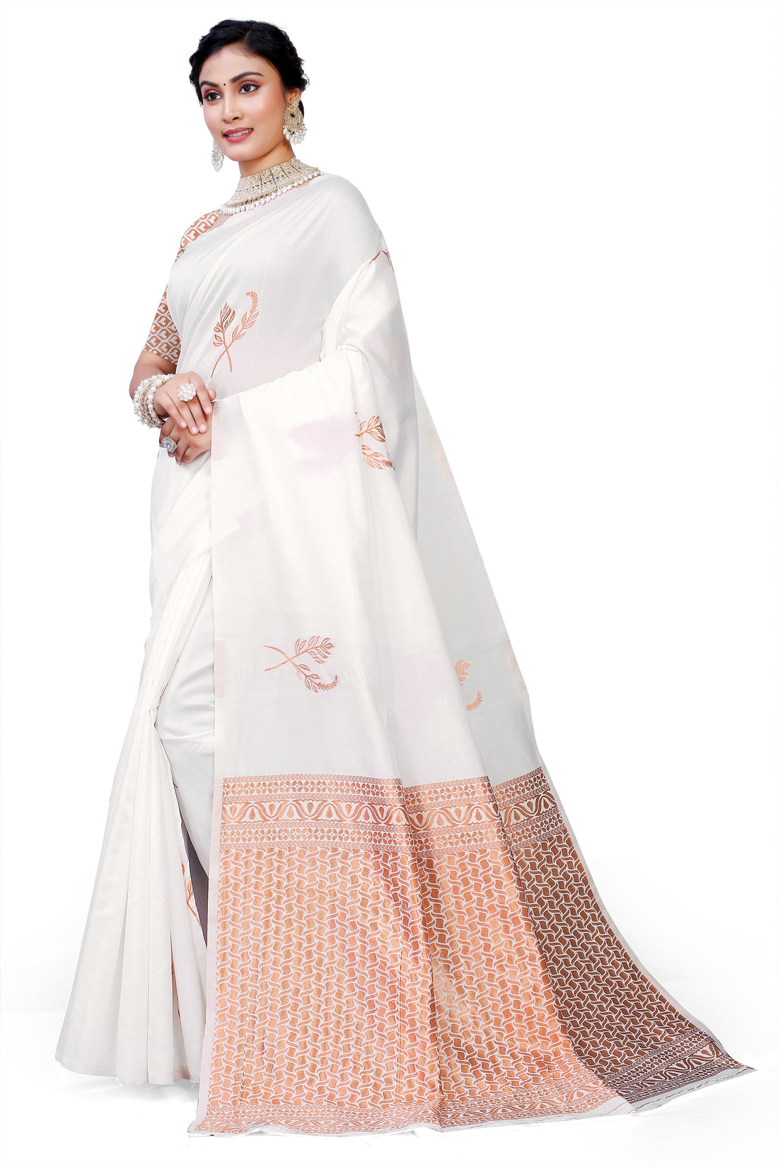 Owlsky Women's Kanjivaram Silk Saree Soft Banarasi Style with Golden & Silver Zari Border | Elegant Silk Look Saree with Unstitched Blouse Piece White