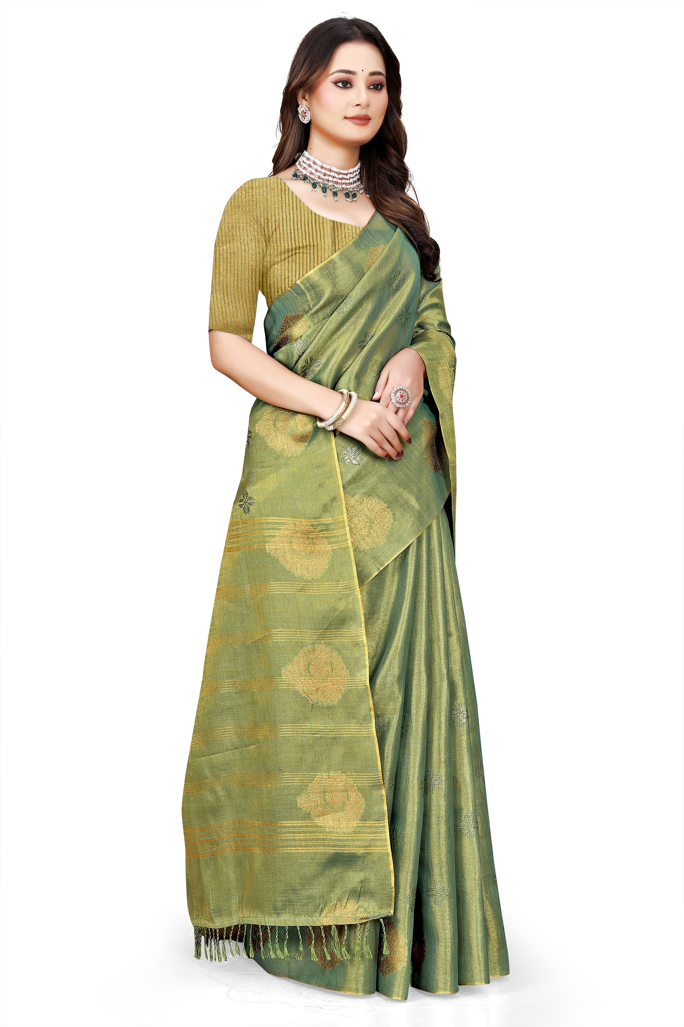 OWLSKY, SASSY & STYLO Women's Elegant Linen Weaving Saree with Unstitched Blouse Piece Olive Green