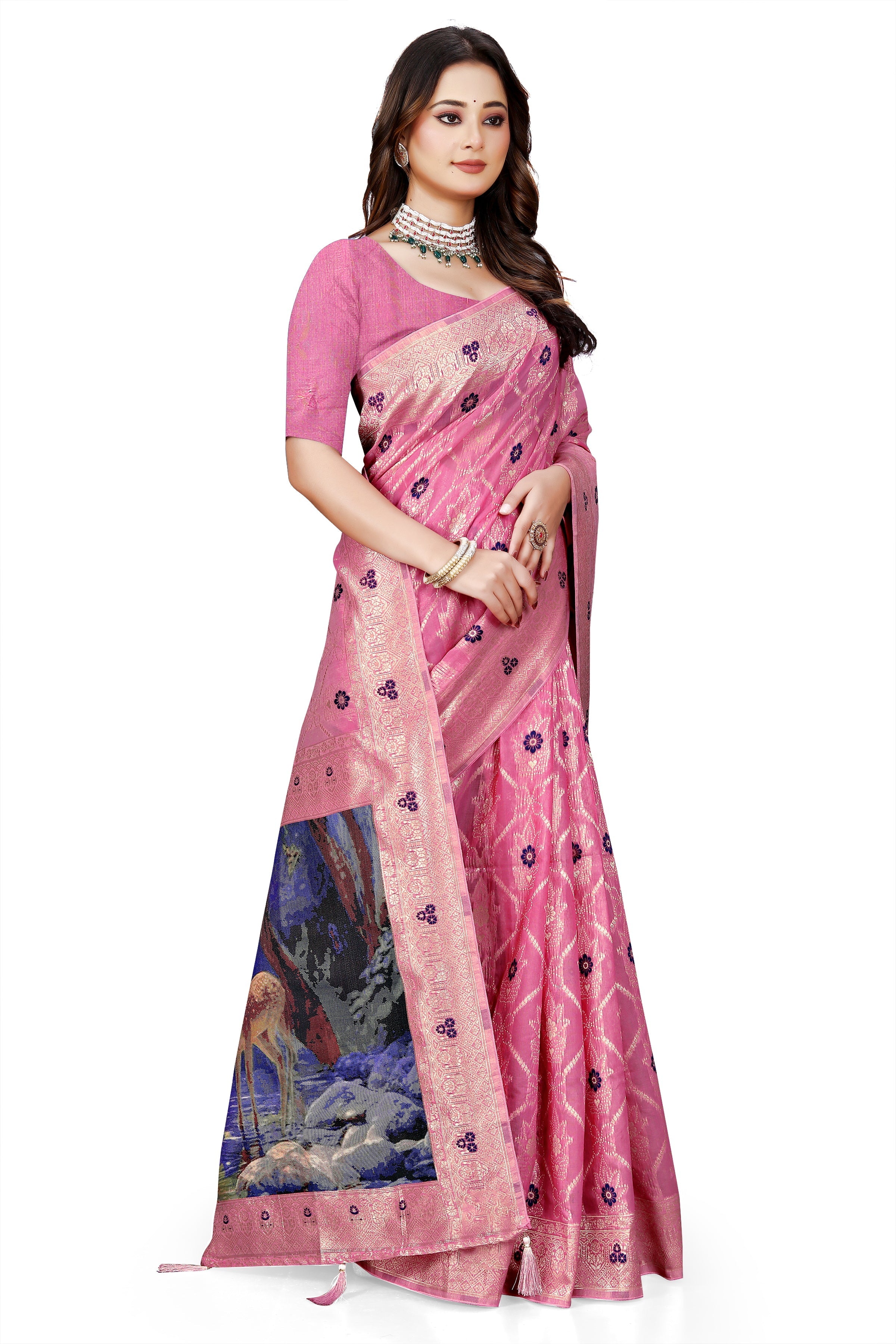 OWLSKY, SASSY & STYLO Jacquard Saree for Women | Elegant Weaving Work | Jacquard Silk Saree with Unstitched Blouse for Women | Unique Digital Pallu Art Rani Pink