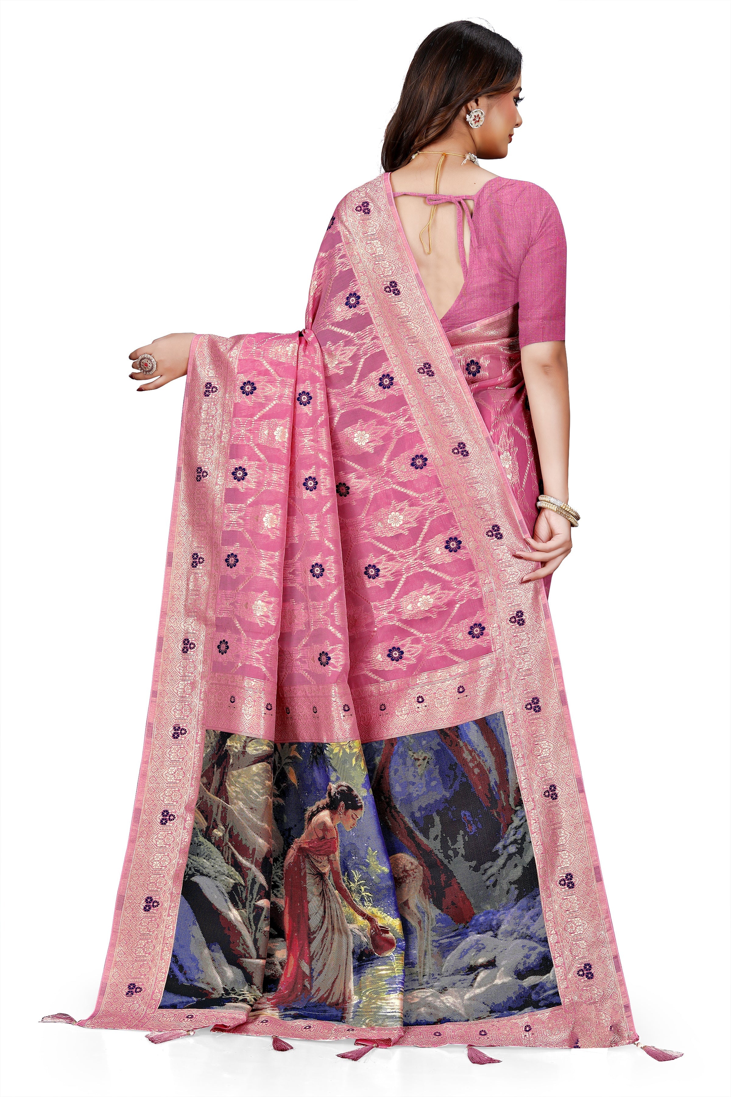 OWLSKY, SASSY & STYLO Jacquard Saree for Women | Elegant Weaving Work | Jacquard Silk Saree with Unstitched Blouse for Women | Unique Digital Pallu Art Rani Pink