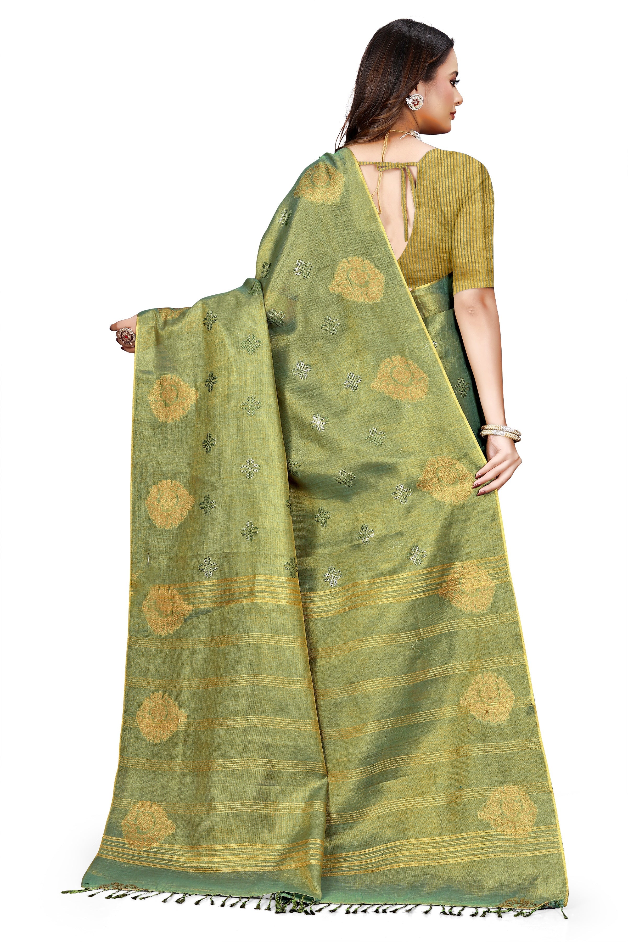 OWLSKY, SASSY & STYLO Women's Elegant Linen Weaving Saree with Unstitched Blouse Piece Olive Green