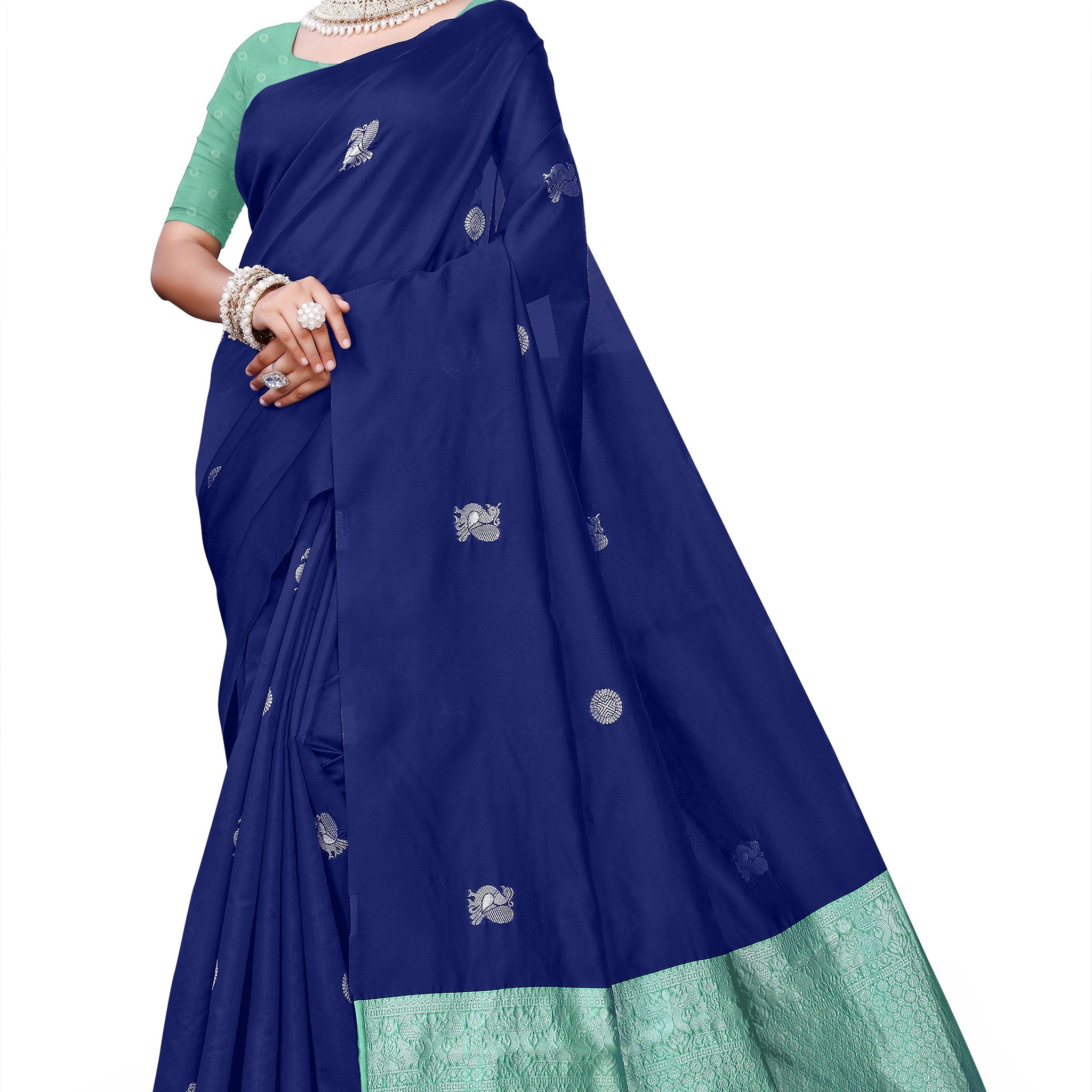 Owlsky Women's Kanjivaram Silk Saree Soft Banarasi Style with Golden & Silver Zari Border | Elegant Silk Look Saree with Unstitched Blouse Piece Navy Blue