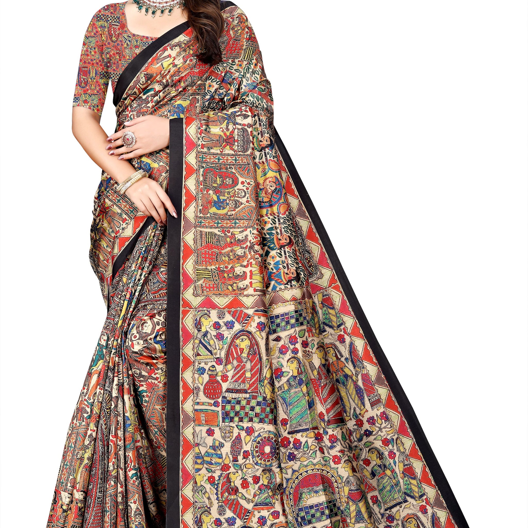 Madhubani Print Manipuri Silk Saree for Women | Indian Ethnic Party & Casual Wear | Unstitched Blouse Included Red