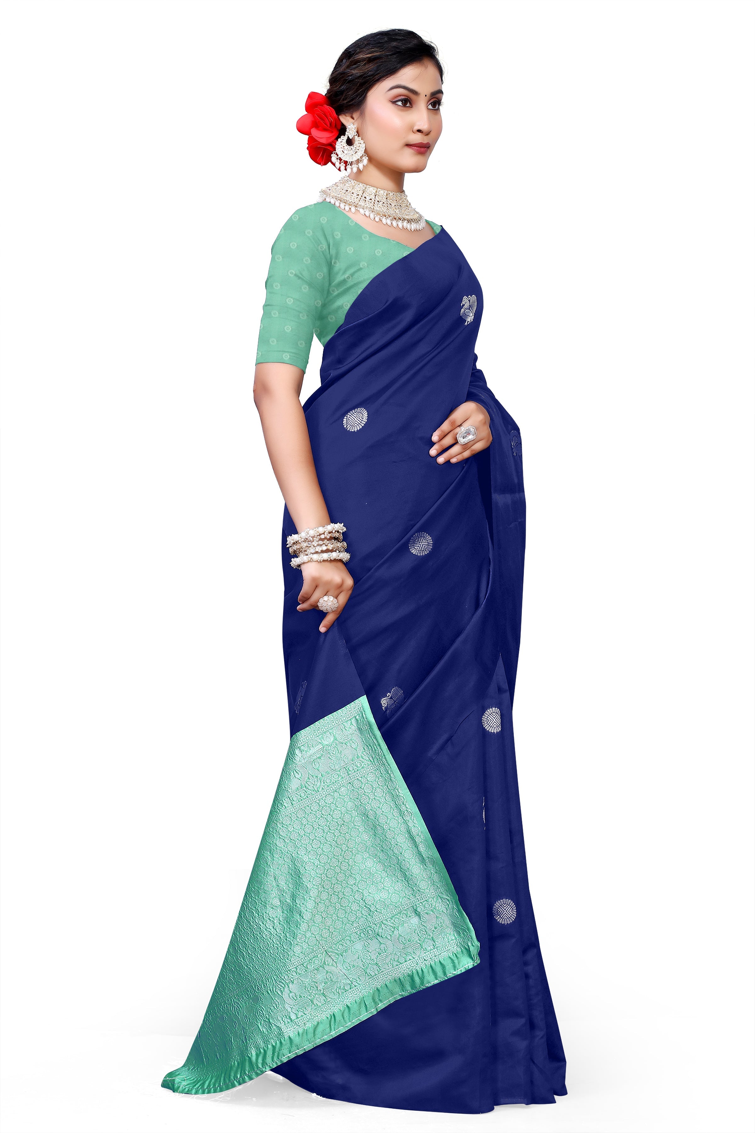Owlsky Women's Kanjivaram Silk Saree Soft Banarasi Style with Golden & Silver Zari Border | Elegant Silk Look Saree with Unstitched Blouse Piece Navy Blue
