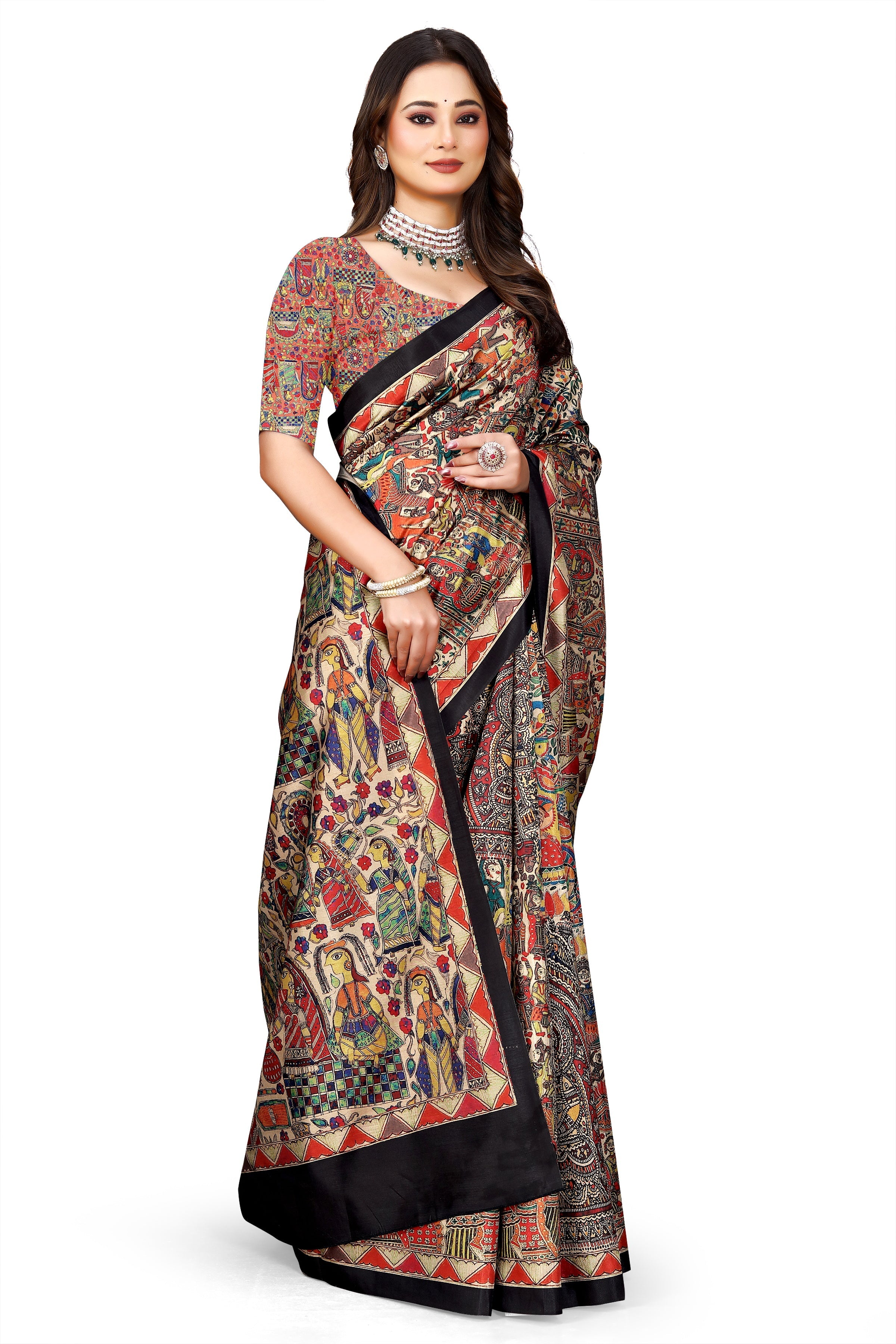 Madhubani Print Manipuri Silk Saree for Women | Indian Ethnic Party & Casual Wear | Unstitched Blouse Included Red