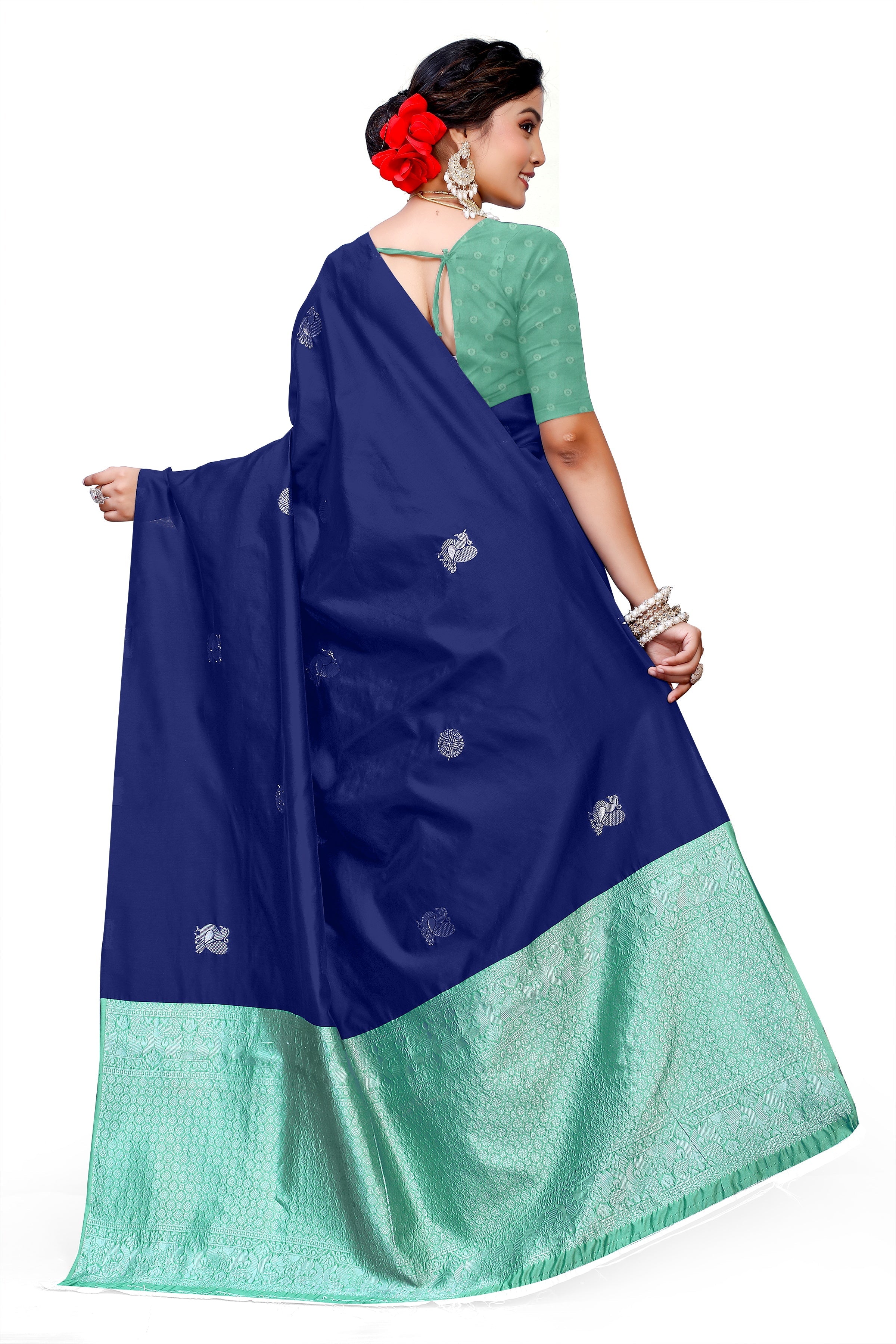 Owlsky Women's Kanjivaram Silk Saree Soft Banarasi Style with Golden & Silver Zari Border | Elegant Silk Look Saree with Unstitched Blouse Piece Navy Blue