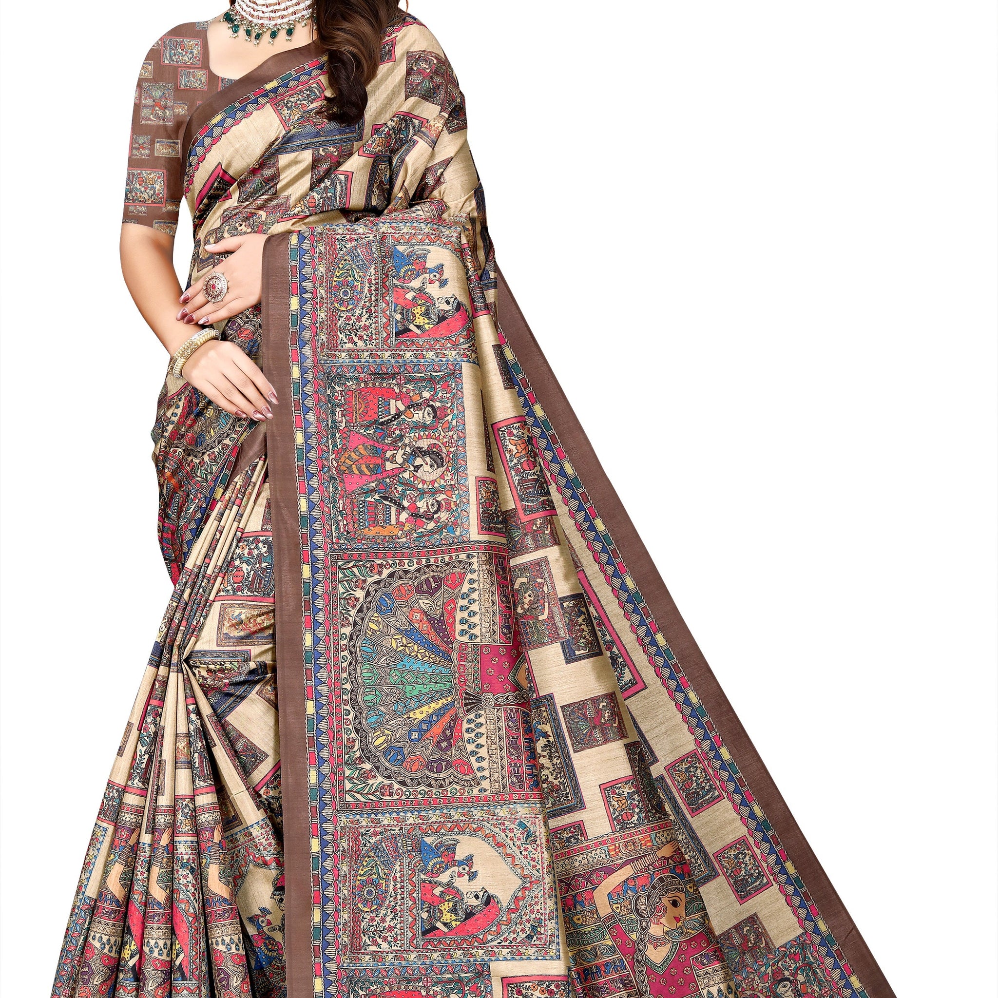 Madhubani Print Manipuri Silk Saree for Women | Indian Ethnic Party & Casual Wear | Unstitched Blouse Included Maroon