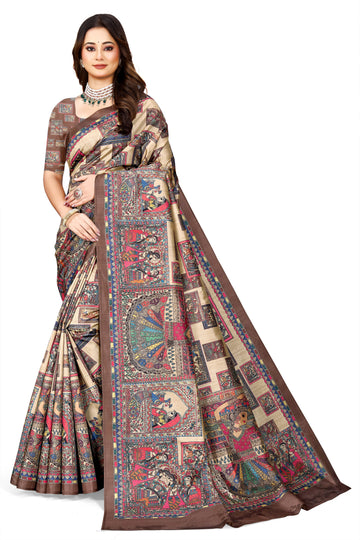Madhubani Print Manipuri Silk Saree for Women | Indian Ethnic Party & Casual Wear | Unstitched Blouse Included Maroon