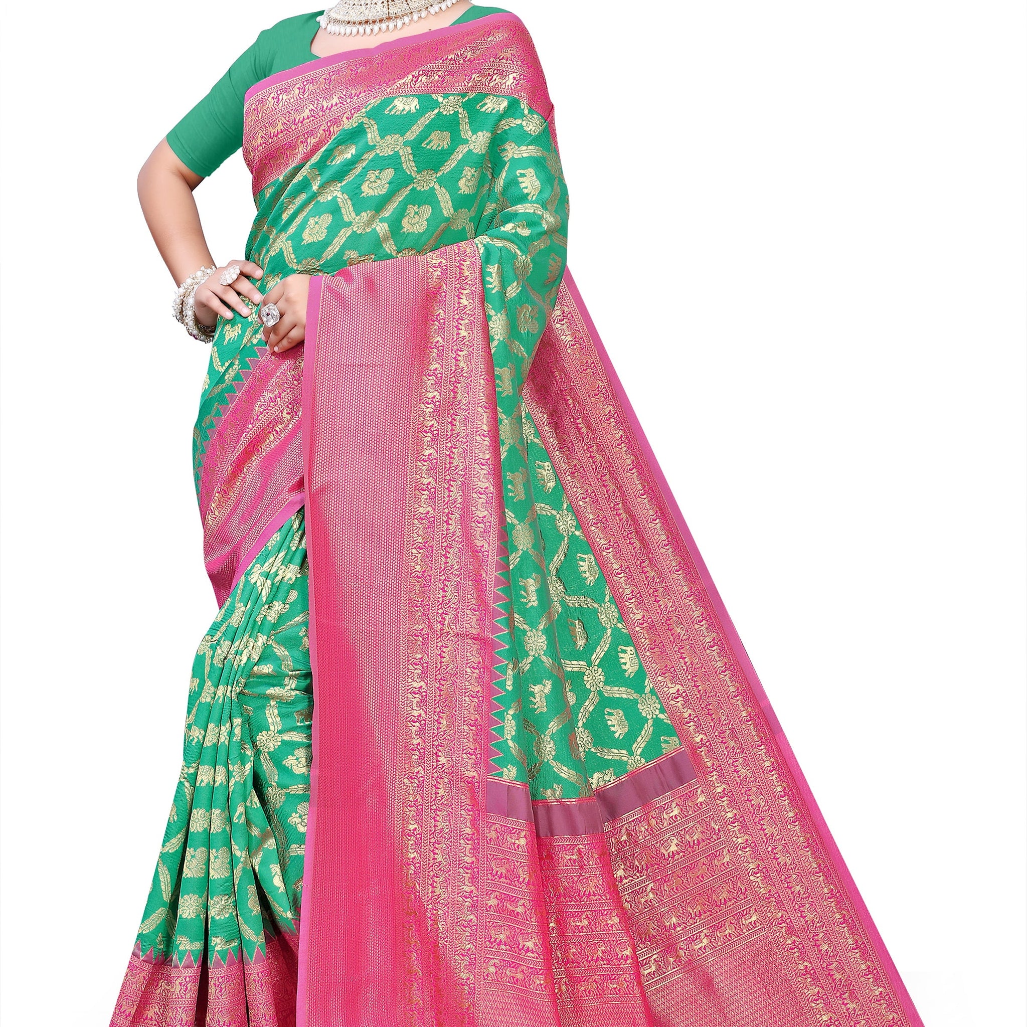 Owl Sky Kanjivaram Cotton Silk Saree for Women with Zari Border | Traditional Indian Saree with Unstitched Blouse Piece | Lightweight Festival Wear Saree | Elegant Soft Cotton Silk Saree Parrot Green