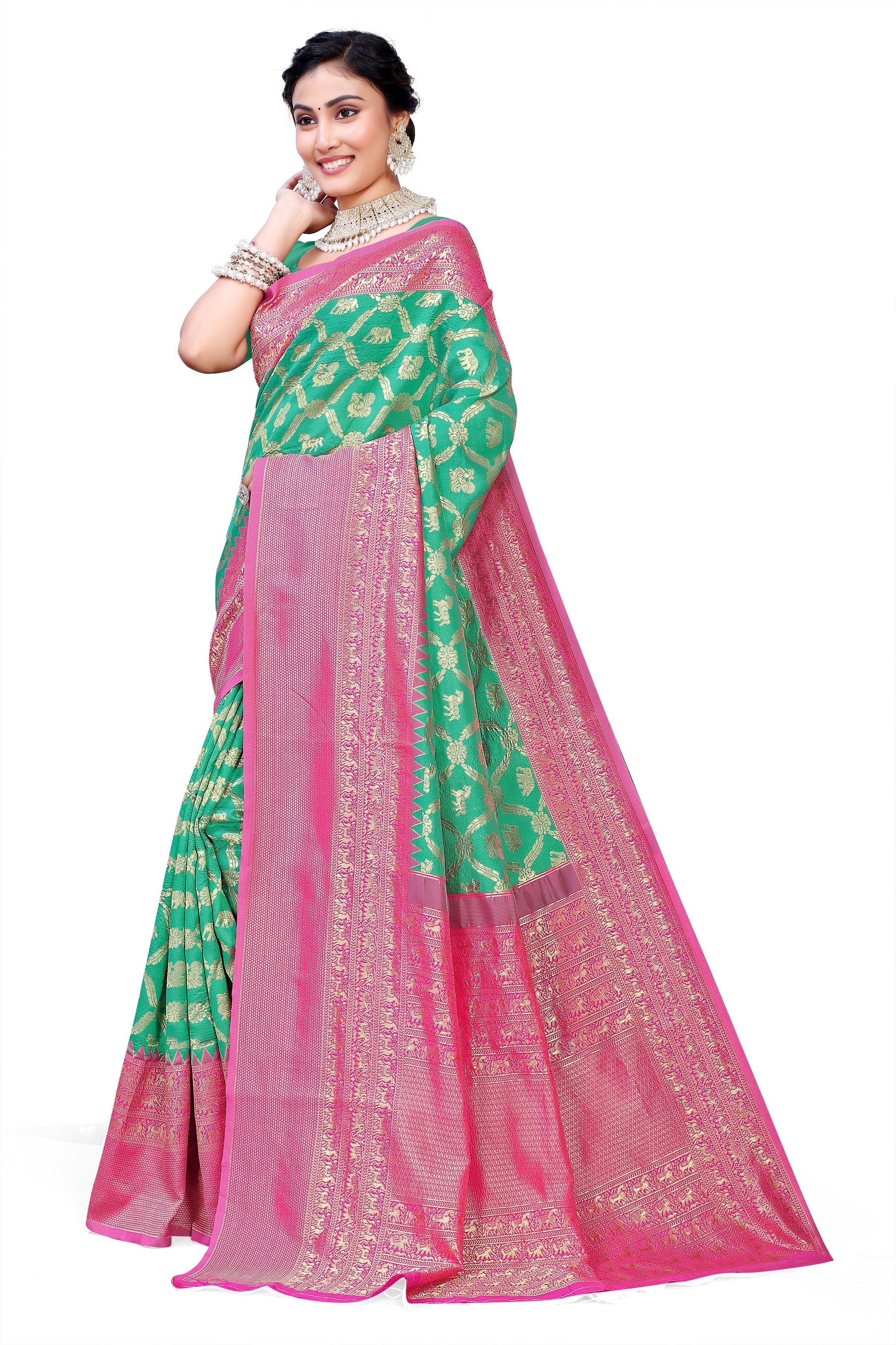 Owl Sky Kanjivaram Cotton Silk Saree for Women with Zari Border | Traditional Indian Saree with Unstitched Blouse Piece | Lightweight Festival Wear Saree | Elegant Soft Cotton Silk Saree Parrot Green