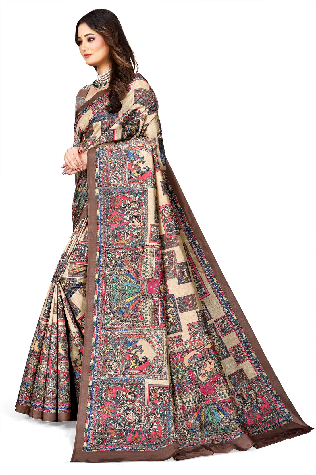 Madhubani Print Manipuri Silk Saree for Women | Indian Ethnic Party & Casual Wear | Unstitched Blouse Included Maroon