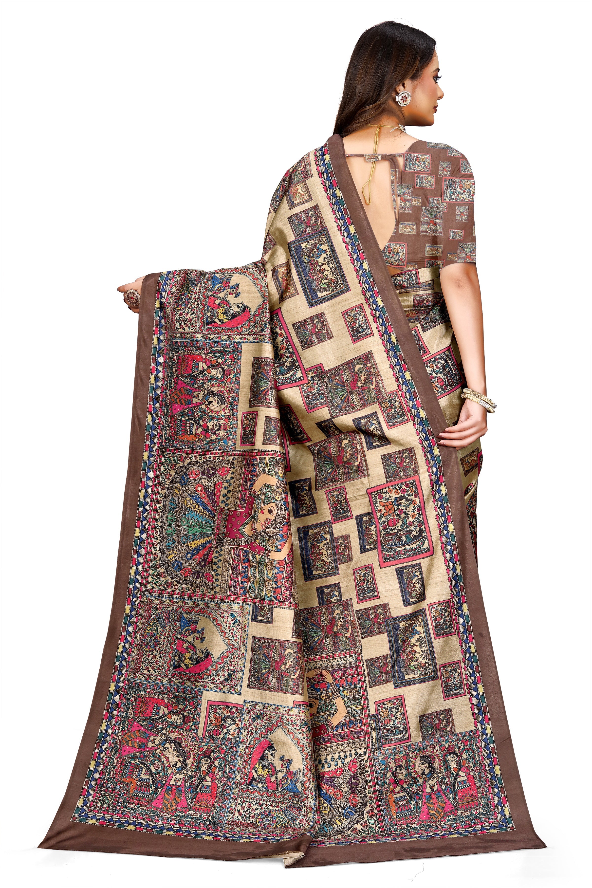Madhubani Print Manipuri Silk Saree for Women | Indian Ethnic Party & Casual Wear | Unstitched Blouse Included Maroon