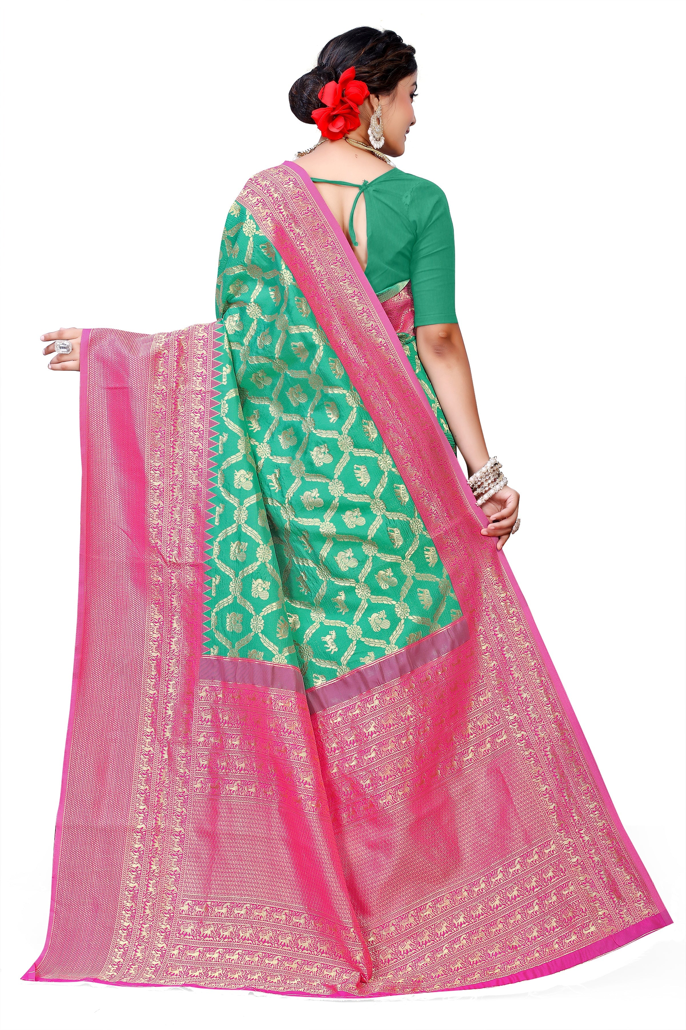 Owl Sky Kanjivaram Cotton Silk Saree for Women with Zari Border | Traditional Indian Saree with Unstitched Blouse Piece | Lightweight Festival Wear Saree | Elegant Soft Cotton Silk Saree Parrot Green