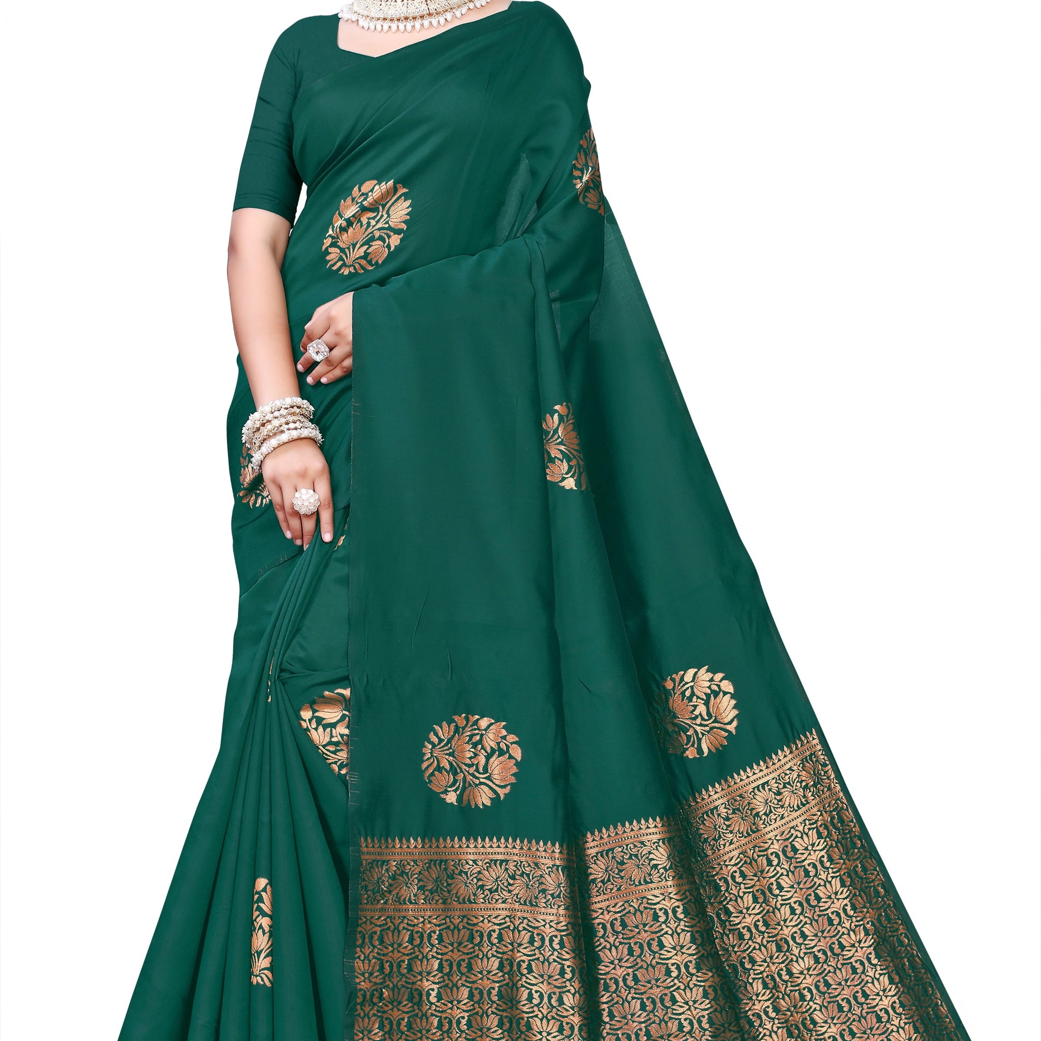Owl Sky Kanjivaram Cotton Silk Saree for Women with Zari Border | Traditional Indian Saree with Unstitched Blouse Piece | Lightweight Festival Wear Saree | Elegant Soft Cotton Silk Saree Bottle Green