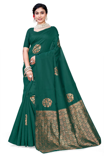 Owl Sky Kanjivaram Cotton Silk Saree for Women with Zari Border | Traditional Indian Saree with Unstitched Blouse Piece | Lightweight Festival Wear Saree | Elegant Soft Cotton Silk Saree Bottle Green