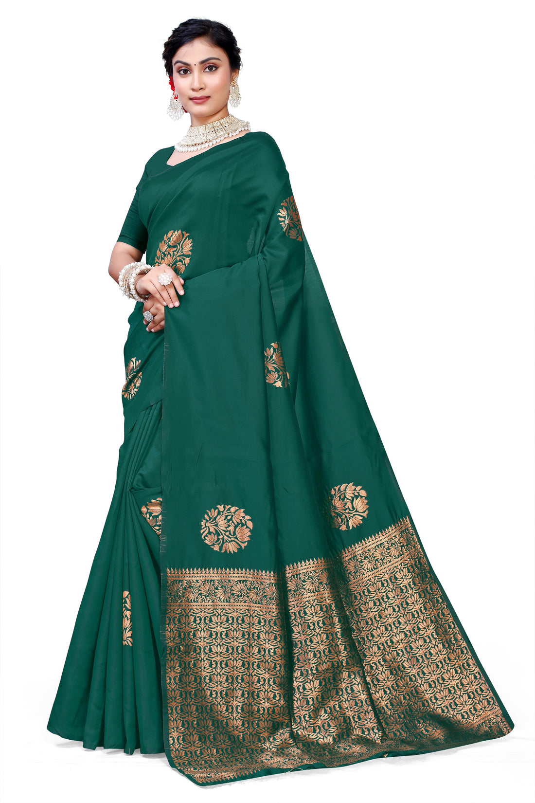 Owl Sky Kanjivaram Cotton Silk Saree for Women with Zari Border | Traditional Indian Saree with Unstitched Blouse Piece | Lightweight Festival Wear Saree | Elegant Soft Cotton Silk Saree Bottle Green