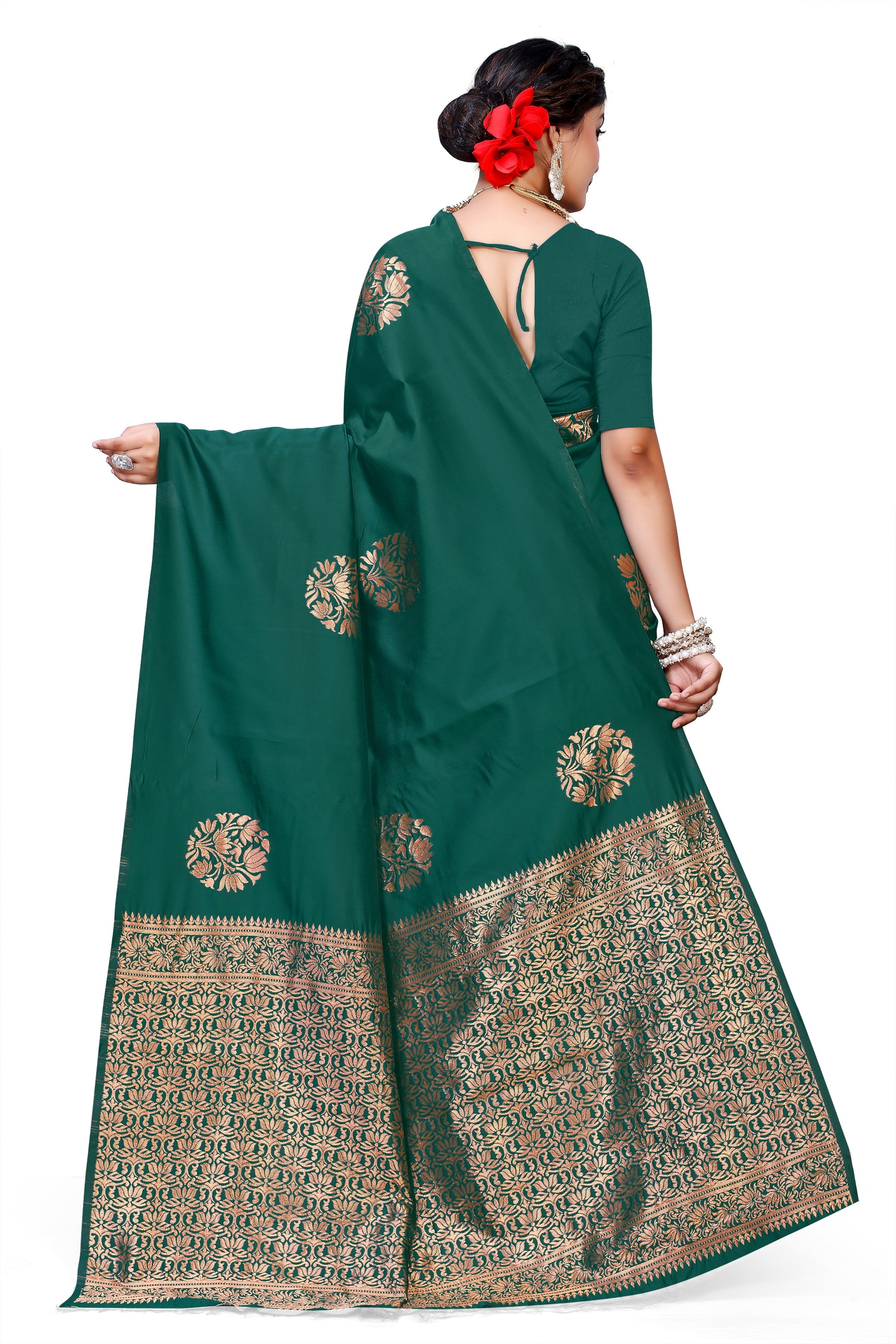 Owl Sky Kanjivaram Cotton Silk Saree for Women with Zari Border | Traditional Indian Saree with Unstitched Blouse Piece | Lightweight Festival Wear Saree | Elegant Soft Cotton Silk Saree Bottle Green