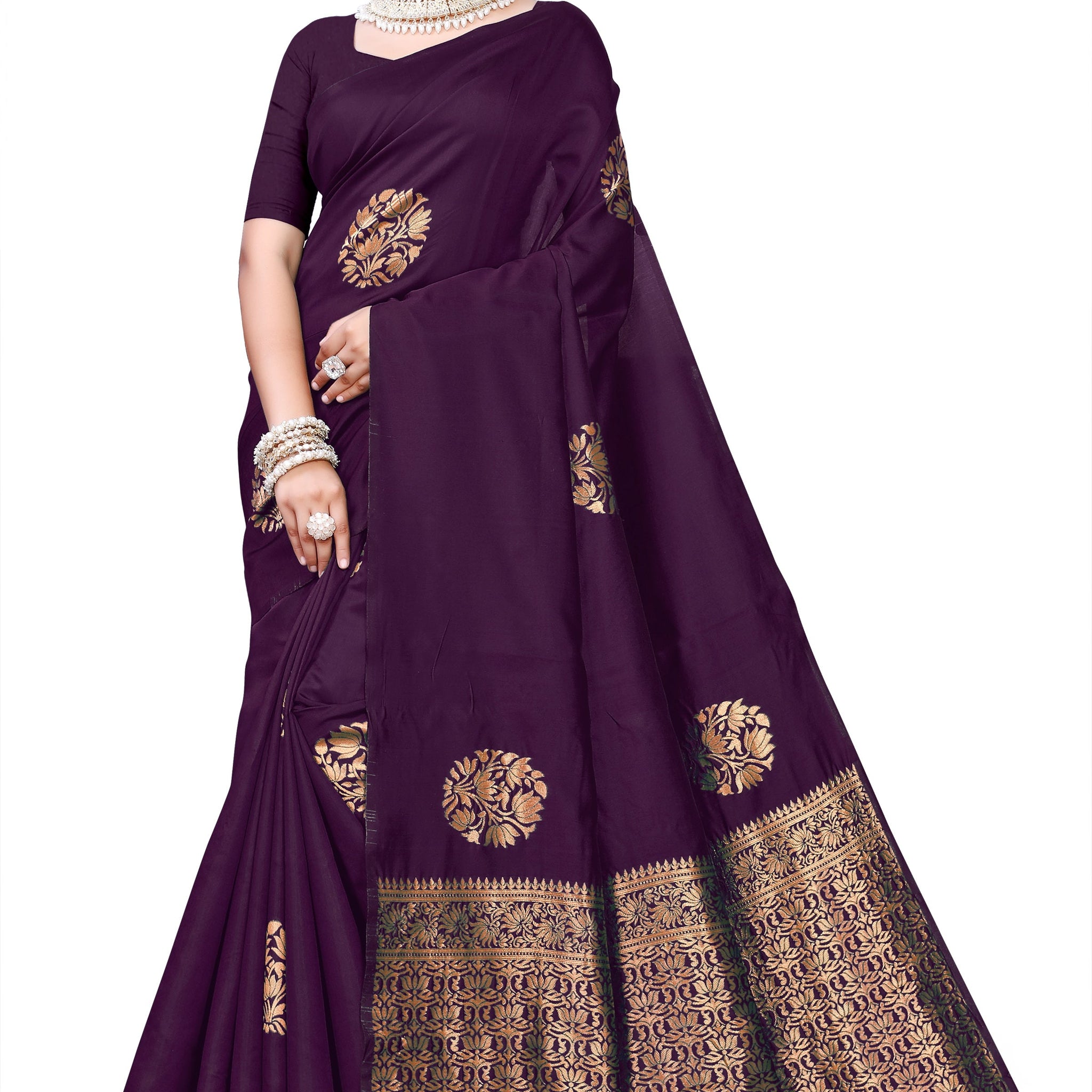 Owlsky Women's Kanjivaram Silk Saree Soft Banarasi Style with Golden & Silver Zari Border | Elegant Silk Look Saree with Unstitched Blouse Piece Maroon