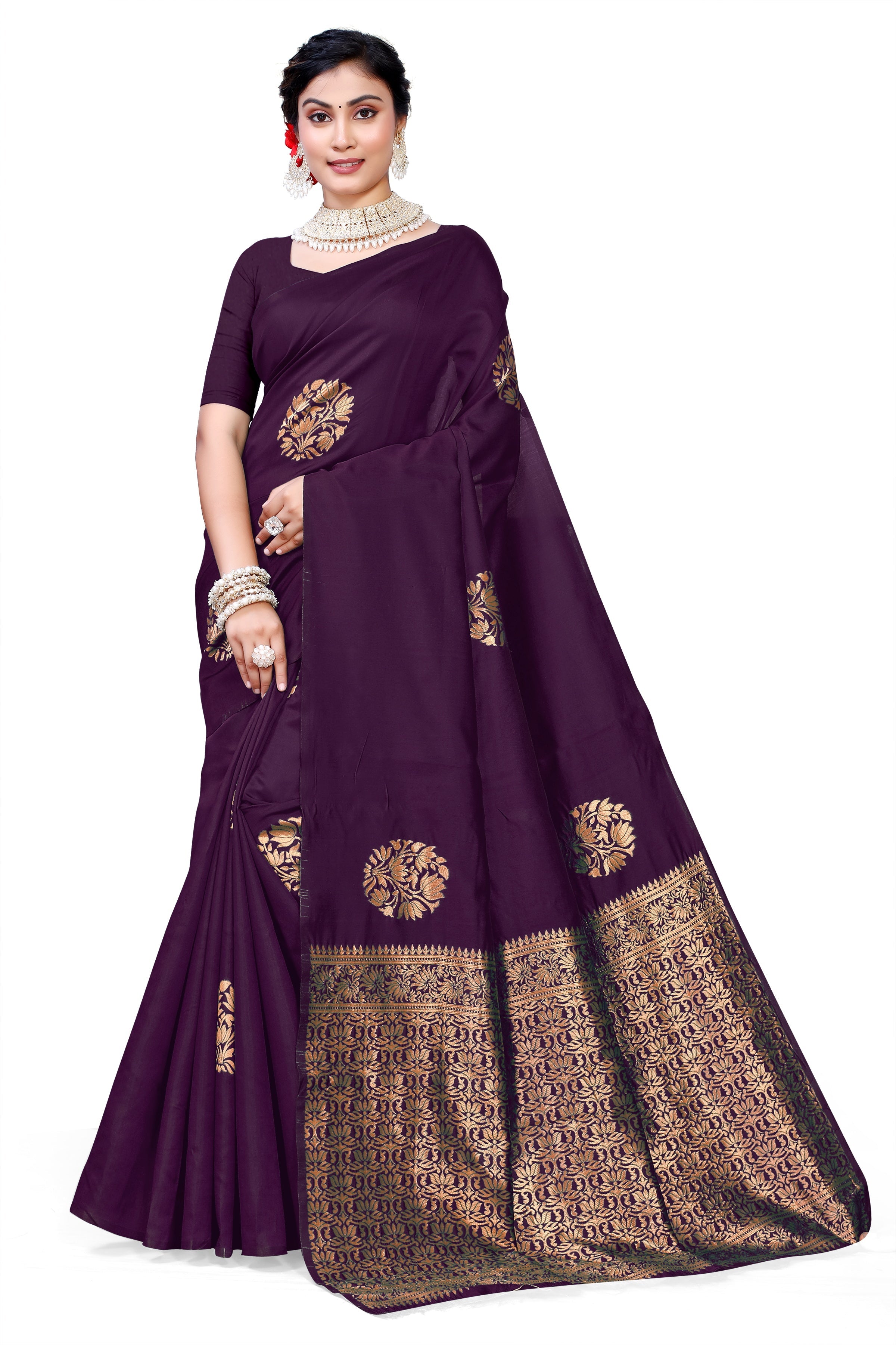 Owlsky Women's Kanjivaram Silk Saree Soft Banarasi Style with Golden & Silver Zari Border | Elegant Silk Look Saree with Unstitched Blouse Piece Maroon