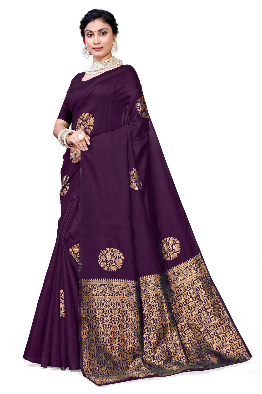 Owlsky Women's Kanjivaram Silk Saree Soft Banarasi Style with Golden & Silver Zari Border | Elegant Silk Look Saree with Unstitched Blouse Piece Maroon