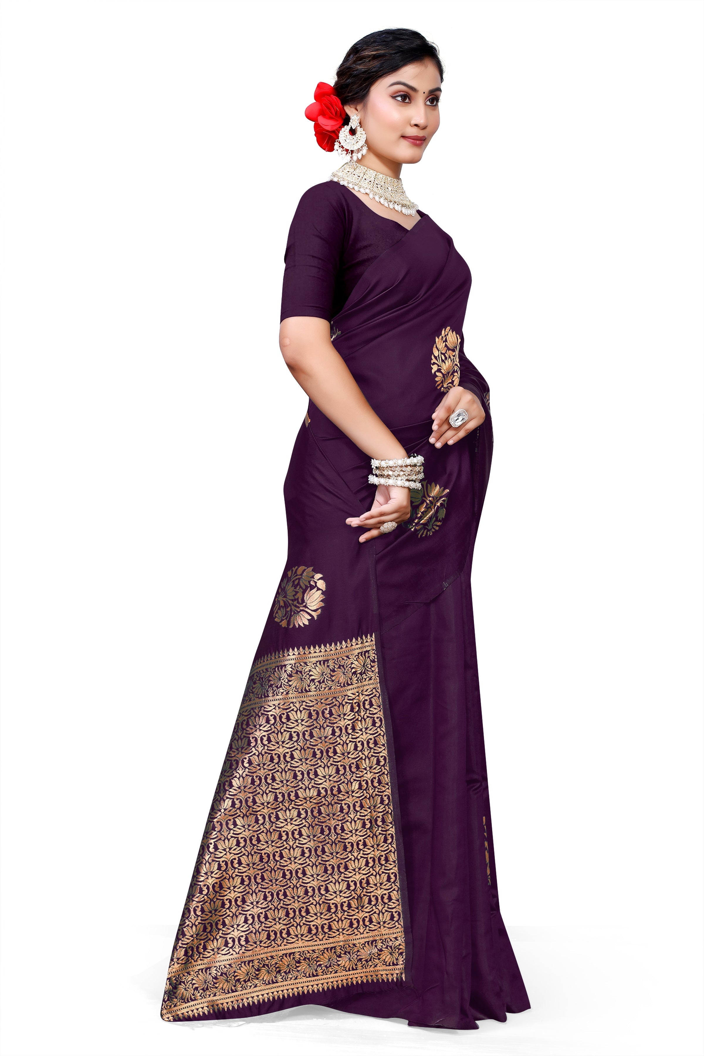 Owlsky Women's Kanjivaram Silk Saree Soft Banarasi Style with Golden & Silver Zari Border | Elegant Silk Look Saree with Unstitched Blouse Piece Maroon