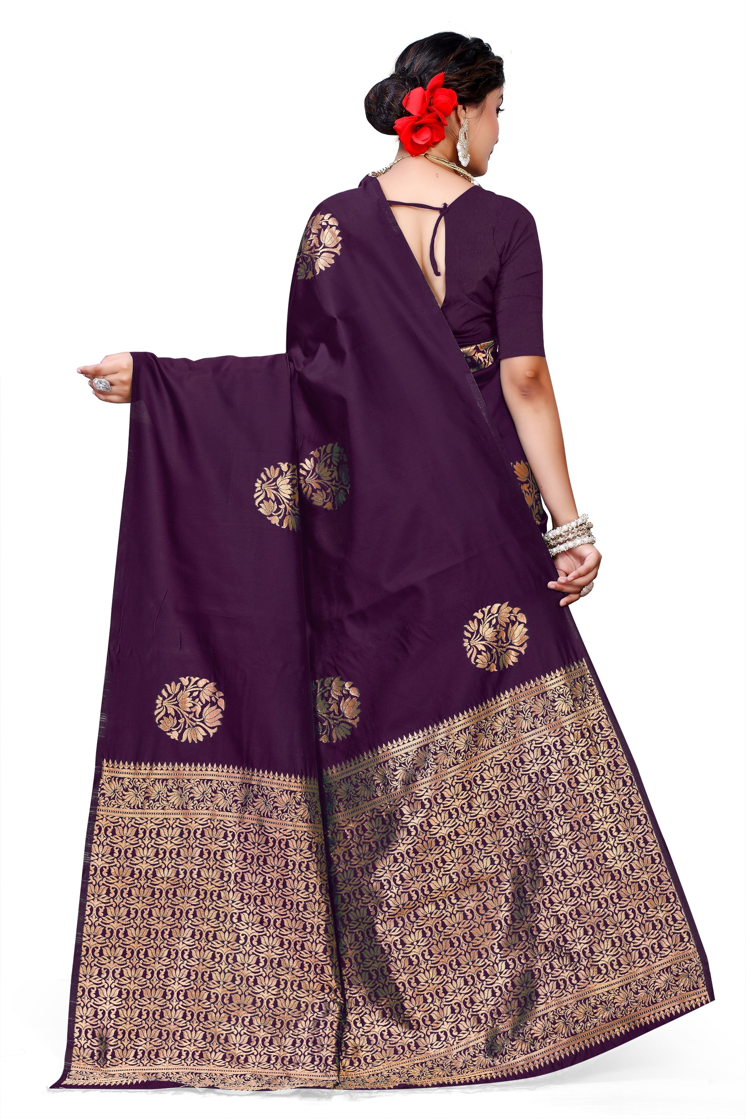 Owlsky Women's Kanjivaram Silk Saree Soft Banarasi Style with Golden & Silver Zari Border | Elegant Silk Look Saree with Unstitched Blouse Piece Maroon