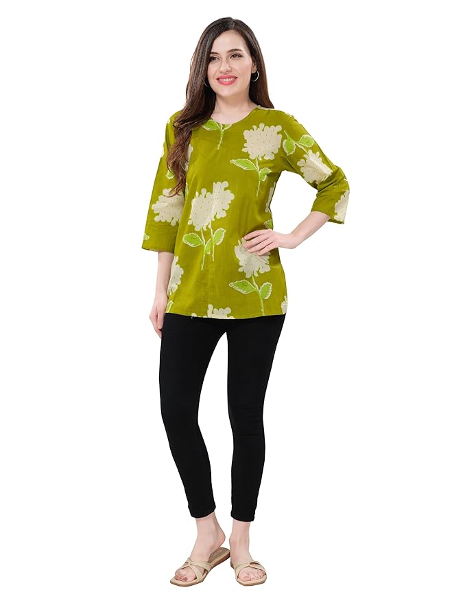 Owl Sky Women’s Pure Cotton Jaipuri Printed Short Kurti – Free Size Green
