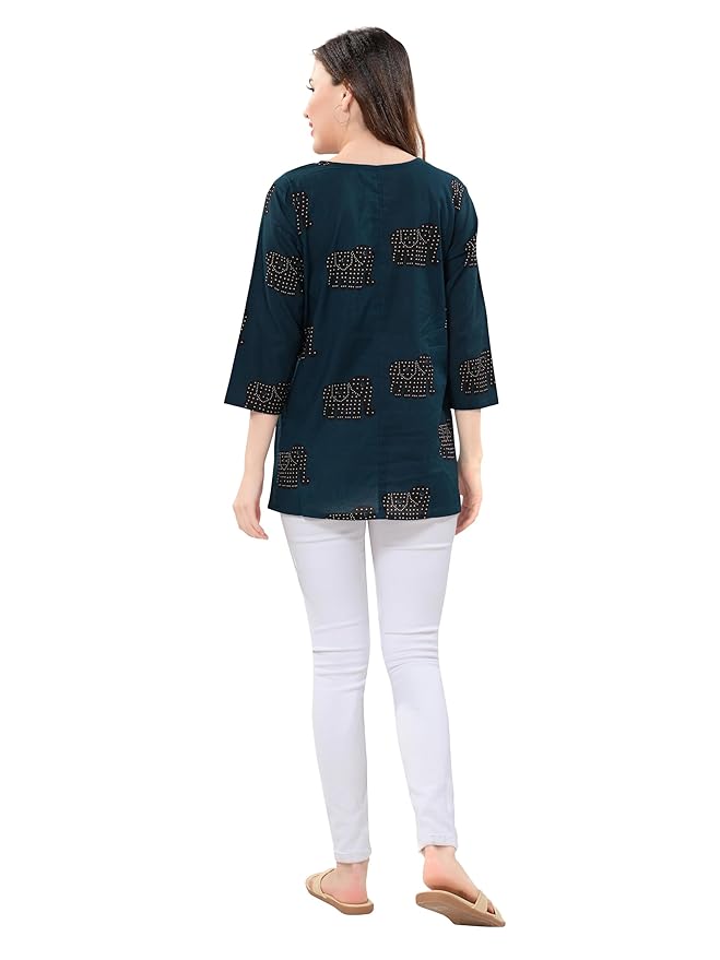 Owl Sky Women’s Pure Cotton Jaipuri Printed Short Kurti – Free Size Navy