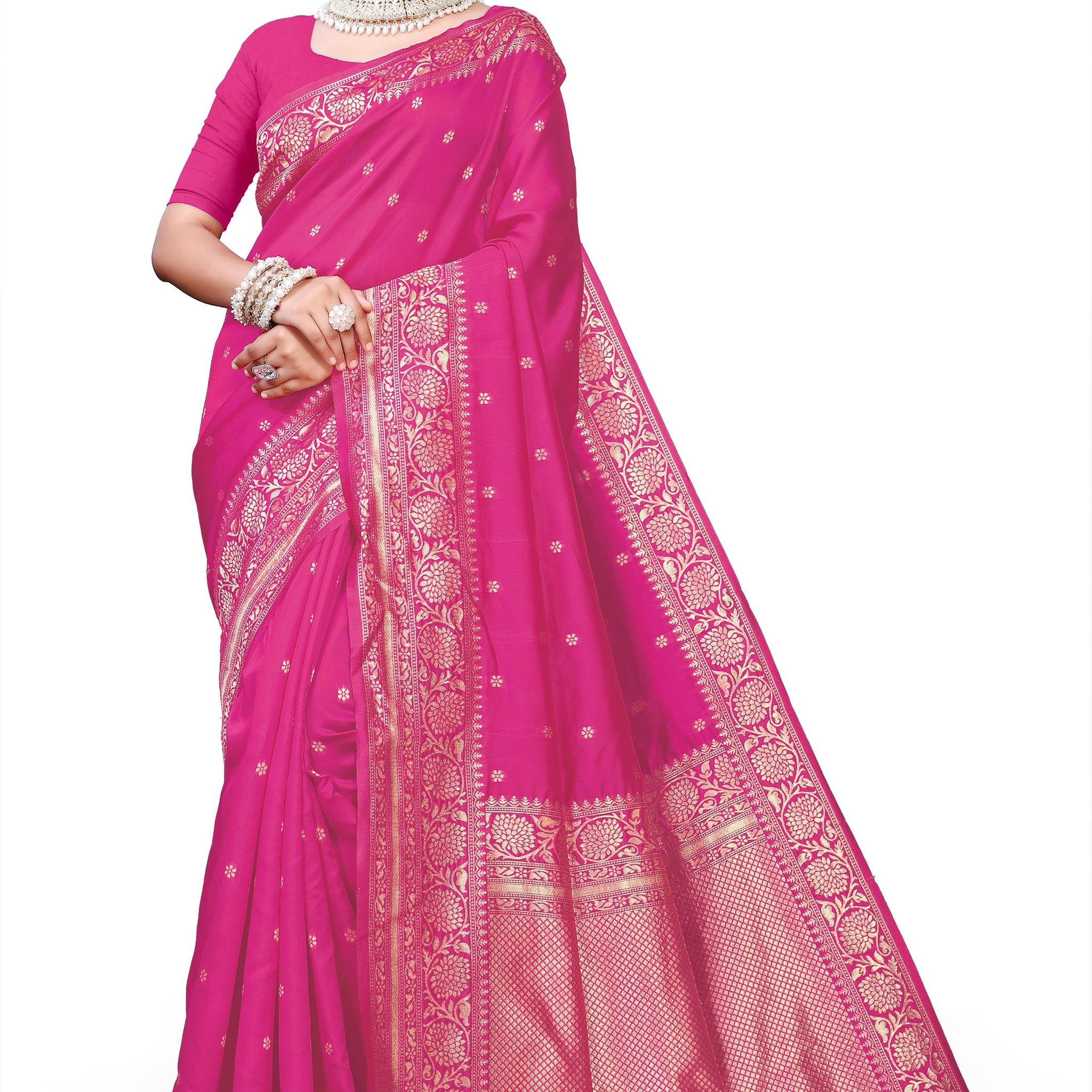 Owlsky Women's Kanjivaram Silk Saree Soft Banarasi Style with Golden & Silver Zari Border | Elegant Silk Look Saree with Unstitched Blouse Piece Rani Pink