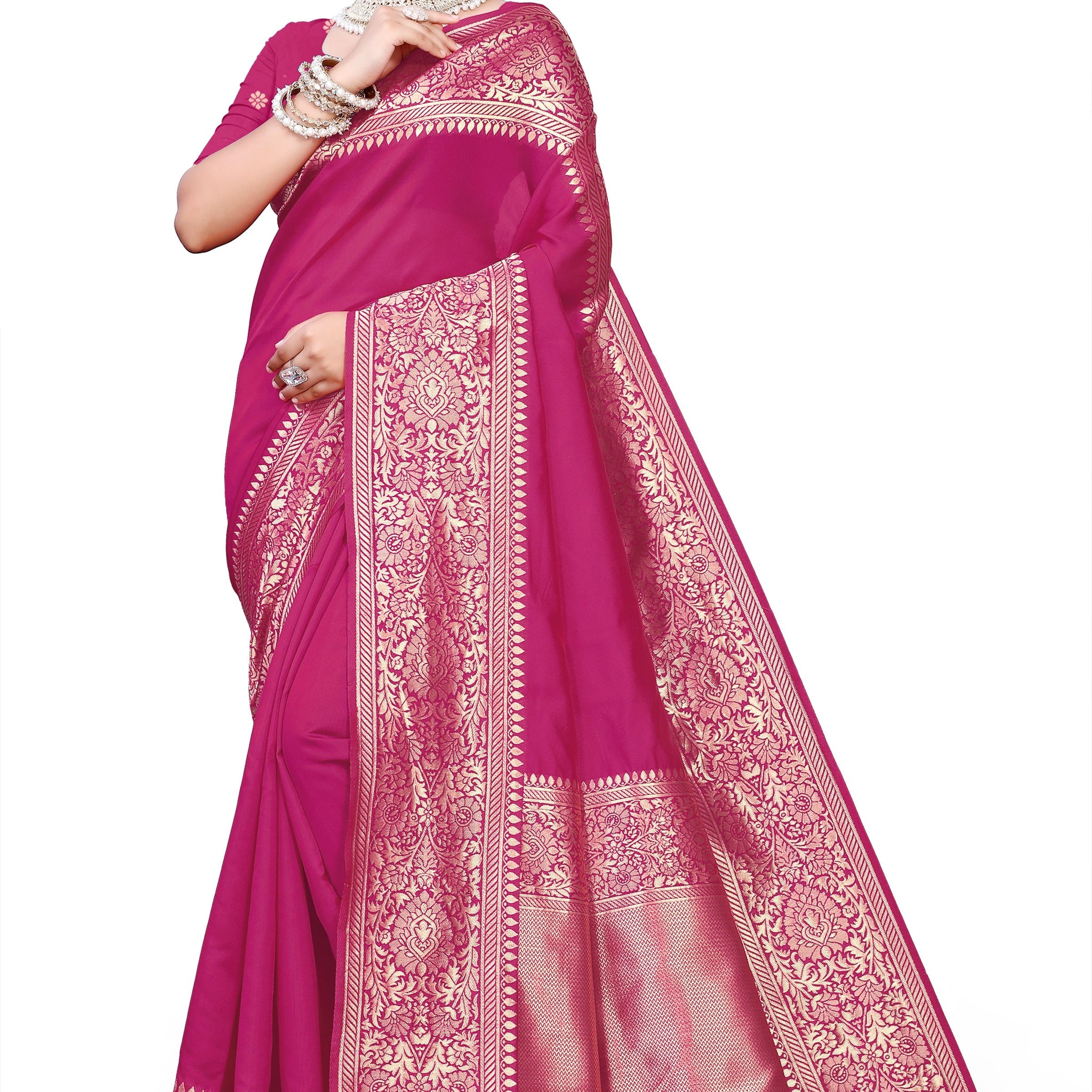 Kanjivaram Cotton Silk Saree for Women with Zari Border | Traditional Indian Saree with Unstitched Blouse Piece | Lightweight Festival Wear Saree | Elegant Soft Cotton Silk Saree Magenta Pink