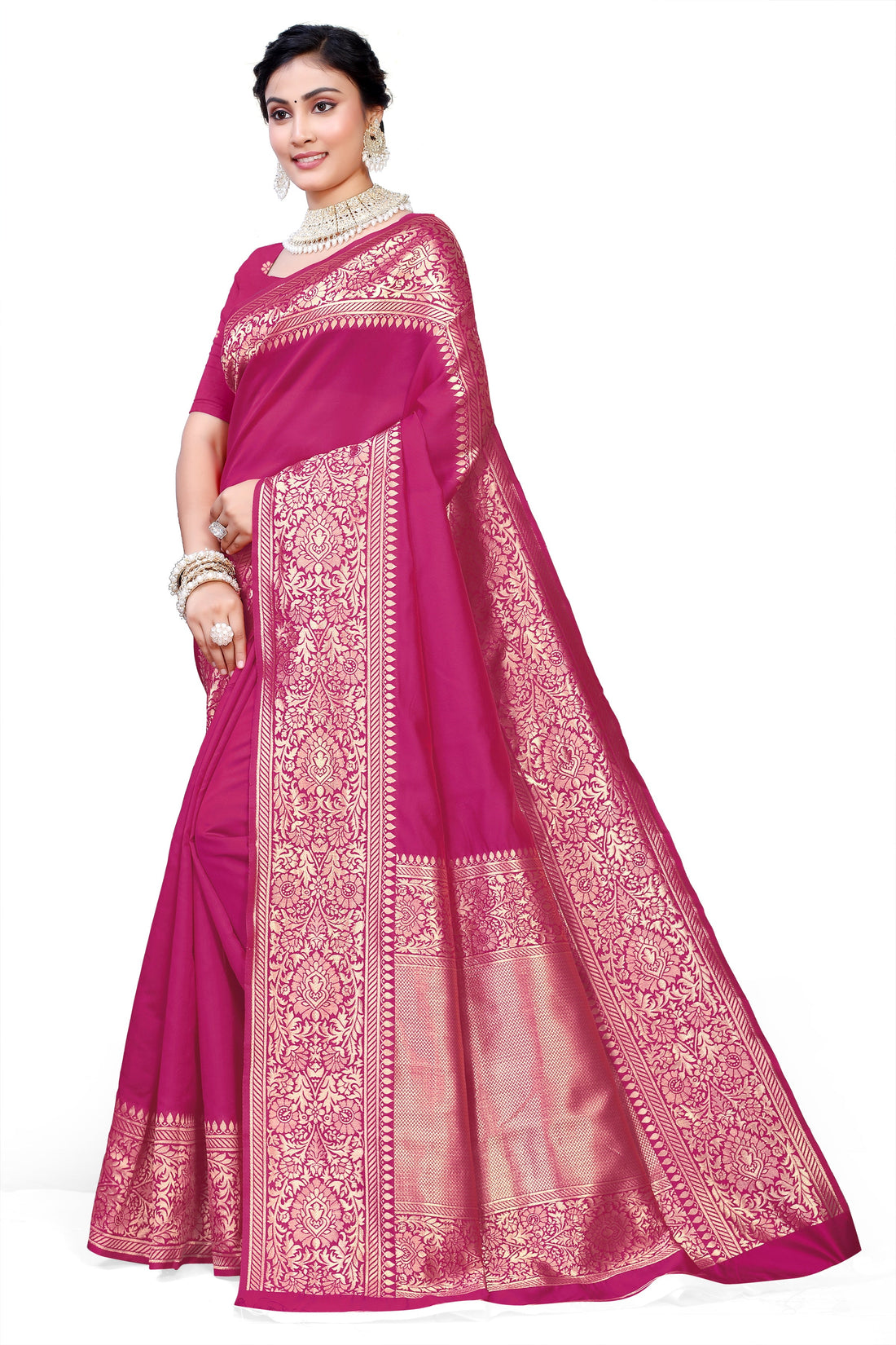 Kanjivaram Cotton Silk Saree for Women with Zari Border | Traditional Indian Saree with Unstitched Blouse Piece | Lightweight Festival Wear Saree | Elegant Soft Cotton Silk Saree Magenta Pink